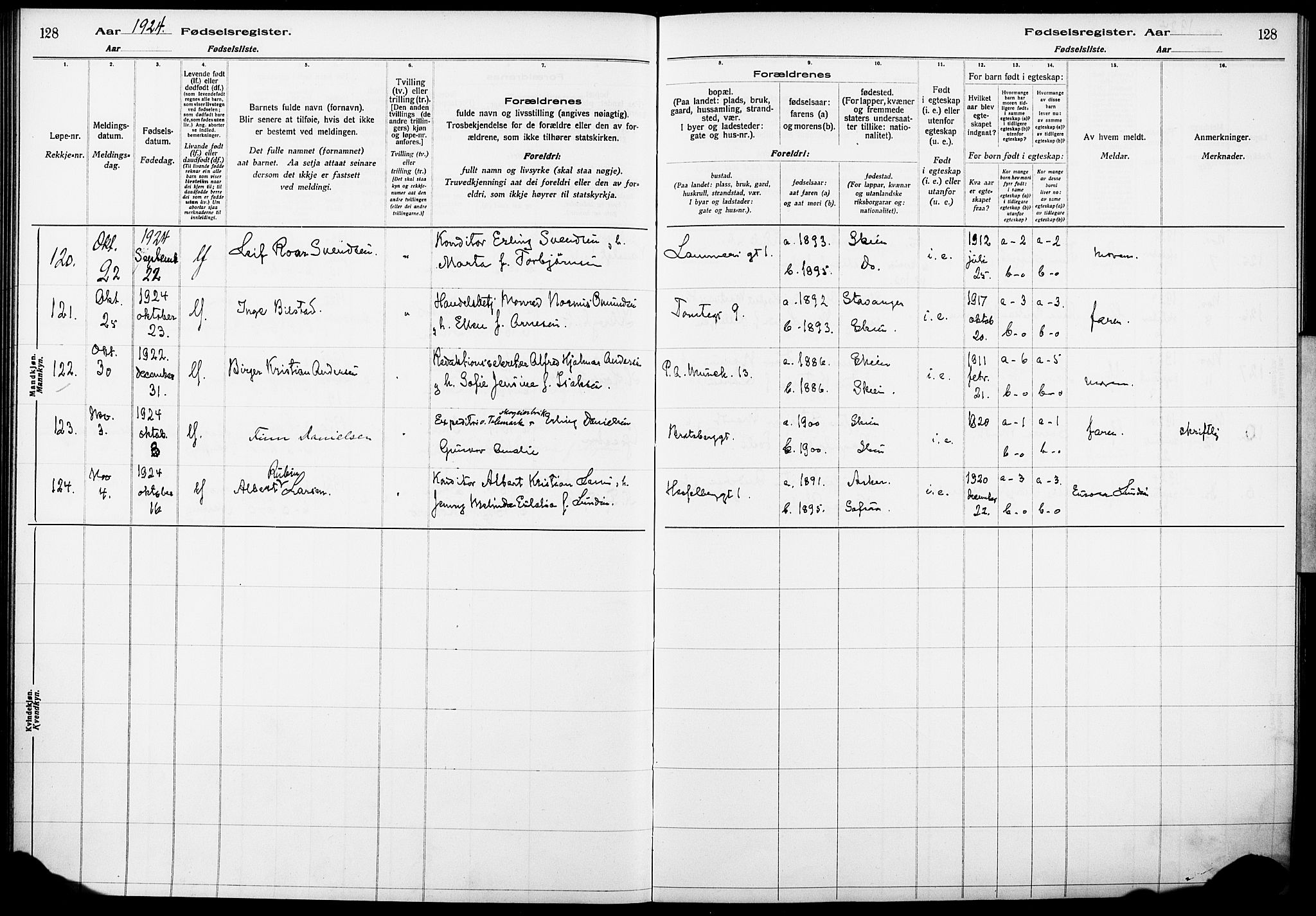 Skien kirkebøker, AV/SAKO-A-302/J/Ja/L0002: Birth register no. 2, 1921-1927, p. 128