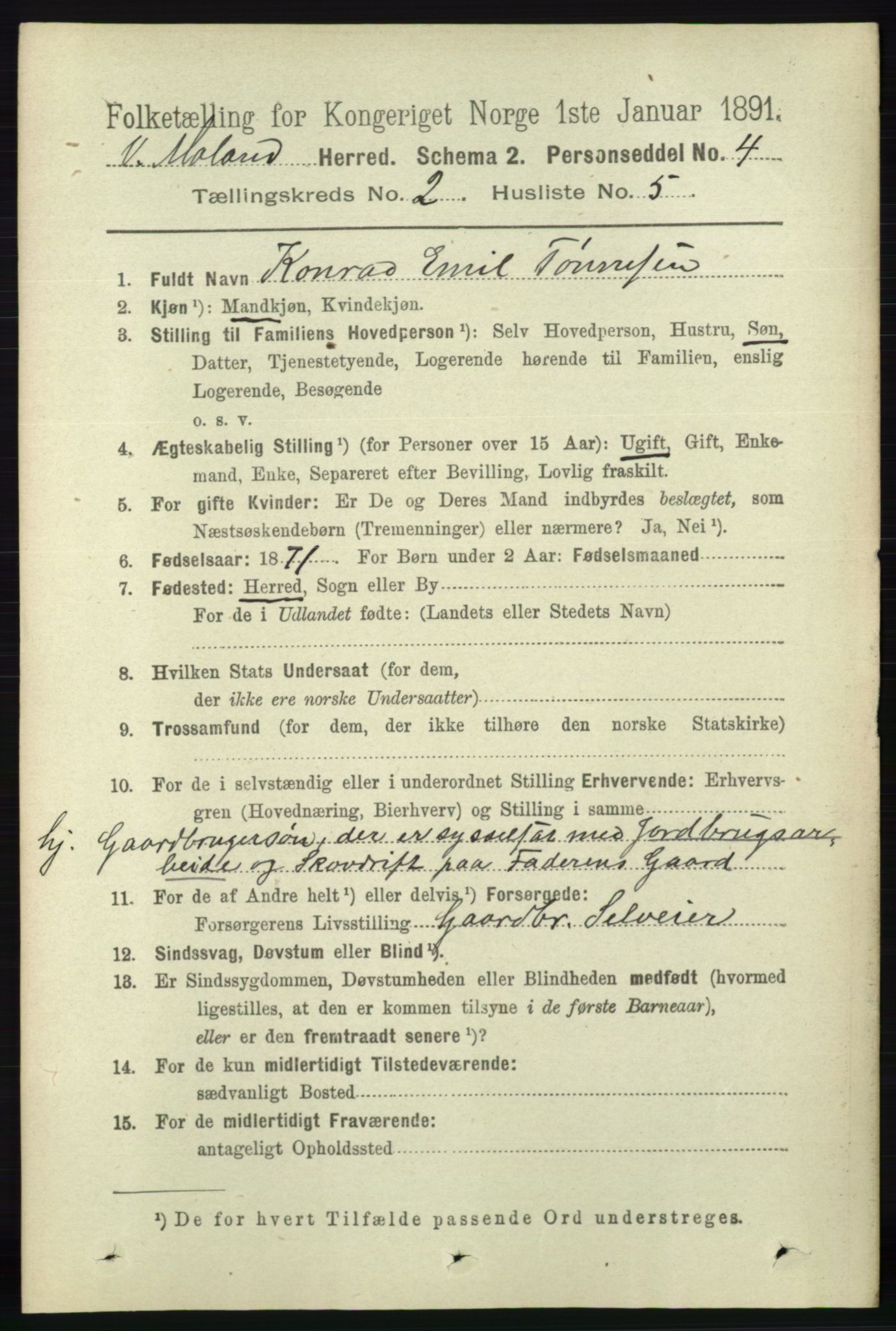 RA, 1891 census for 0926 Vestre Moland, 1891, p. 659