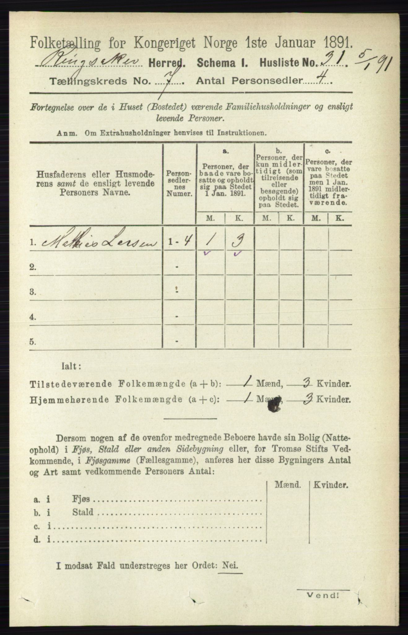 RA, 1891 census for 0412 Ringsaker, 1891, p. 3821