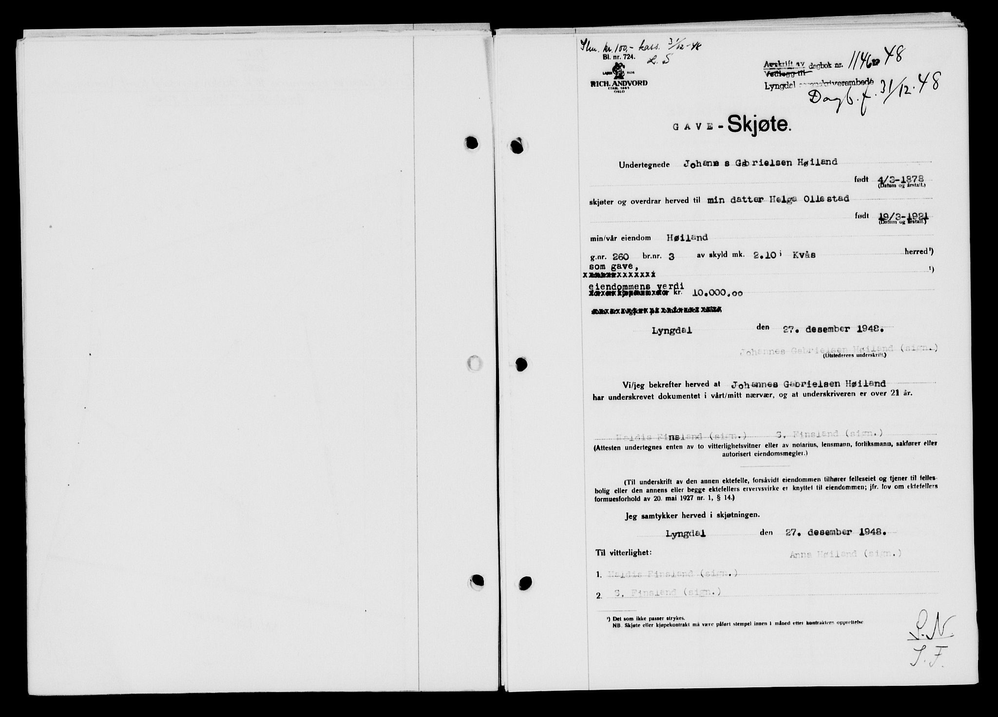 Lyngdal sorenskriveri, AV/SAK-1221-0004/G/Gb/L0663: Mortgage book no. A IX, 1948-1949, Diary no: : 1146/1948