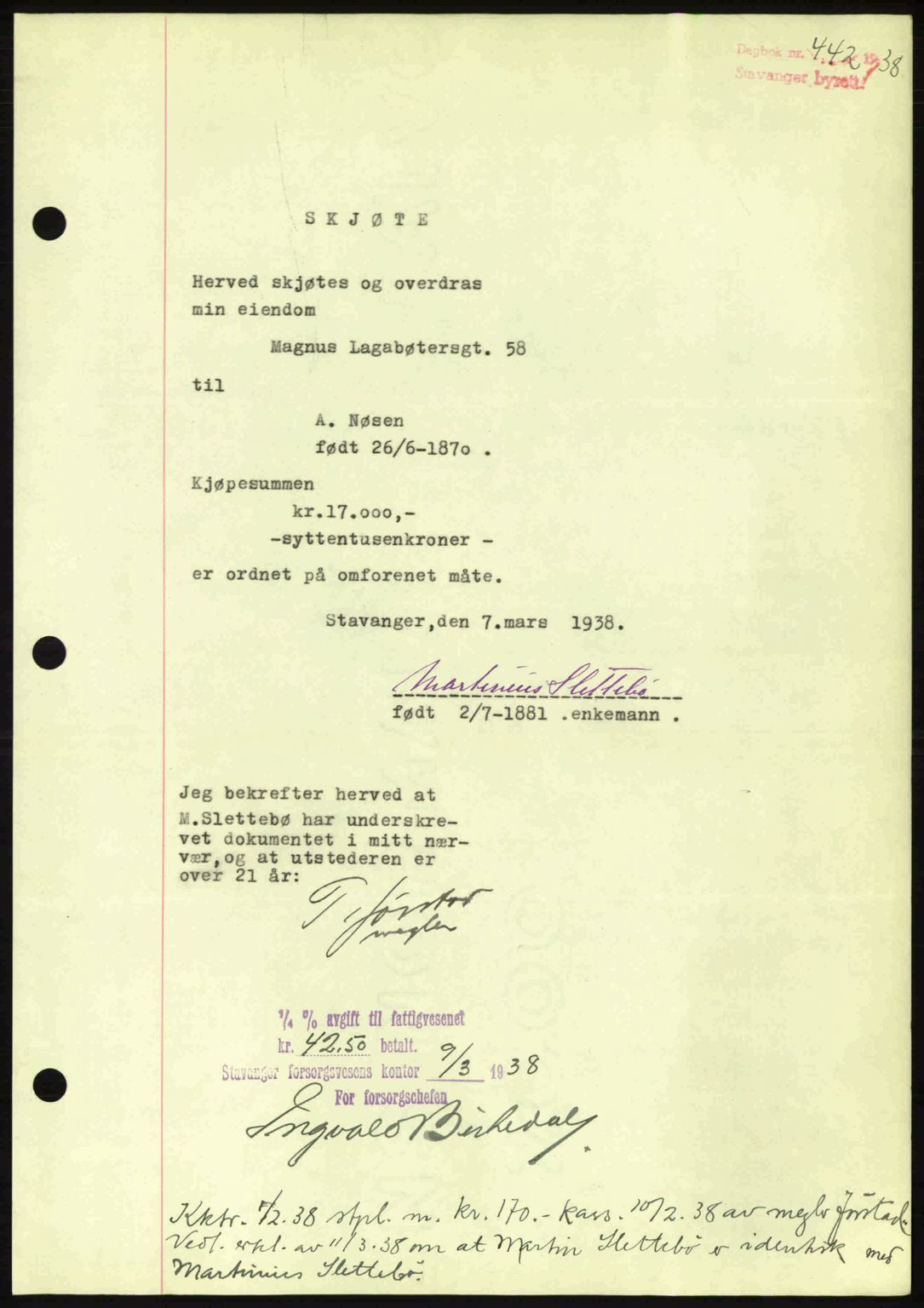 Stavanger byrett, SAST/A-100455/002/G/Gb/L0013: Mortgage book no. A3, 1937-1938, Diary no: : 442/1938