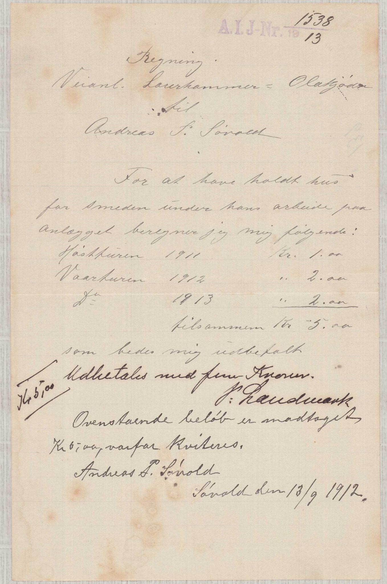 Finnaas kommune. Formannskapet, IKAH/1218a-021/E/Ea/L0001/0004: Rekneskap for veganlegg / Rekneskap for veganlegget Laurhammer - Olakjødn, 1913-1916, p. 8