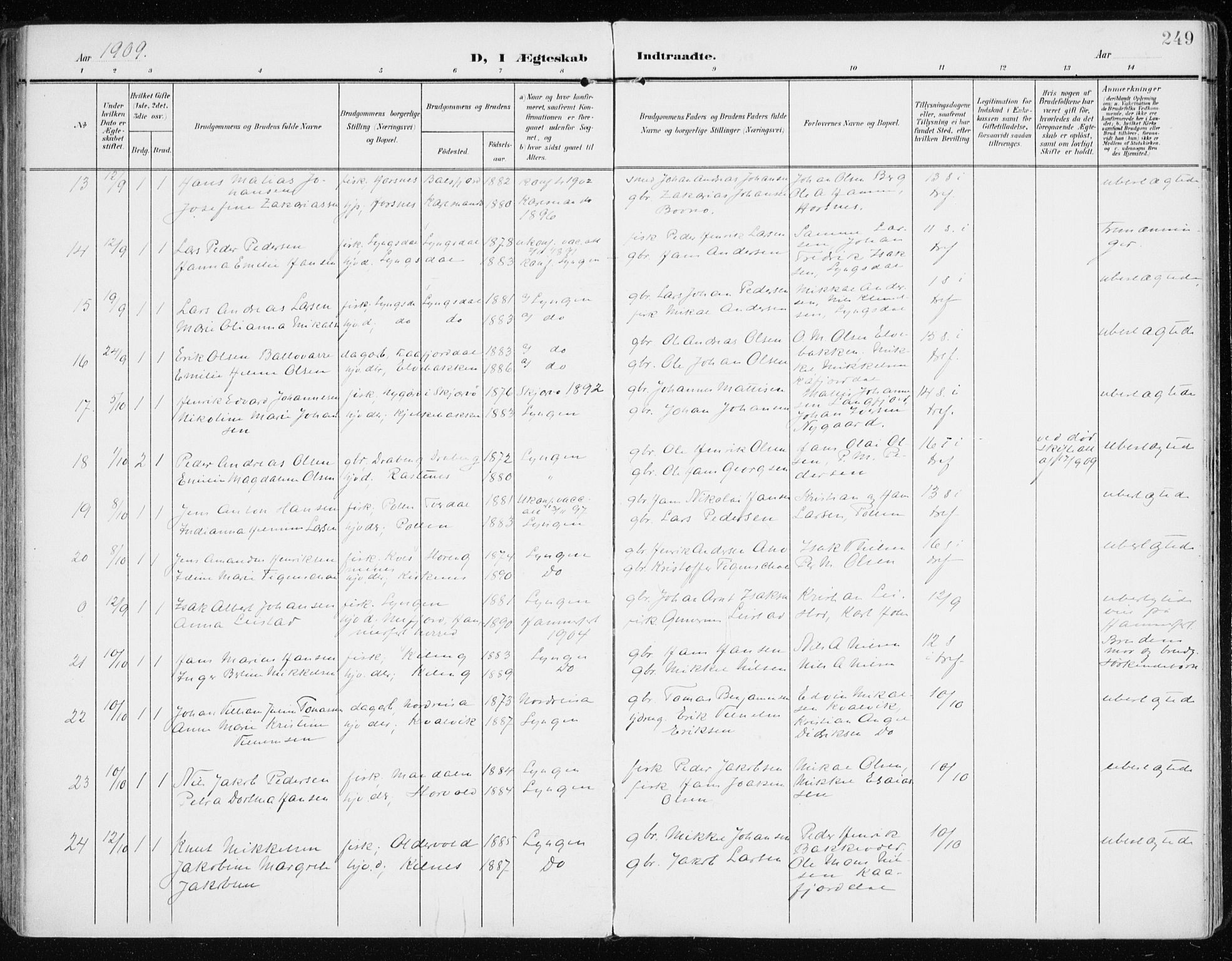 Lyngen sokneprestembete, AV/SATØ-S-1289/H/He/Hea/L0011kirke: Parish register (official) no. 11, 1903-1913, p. 249