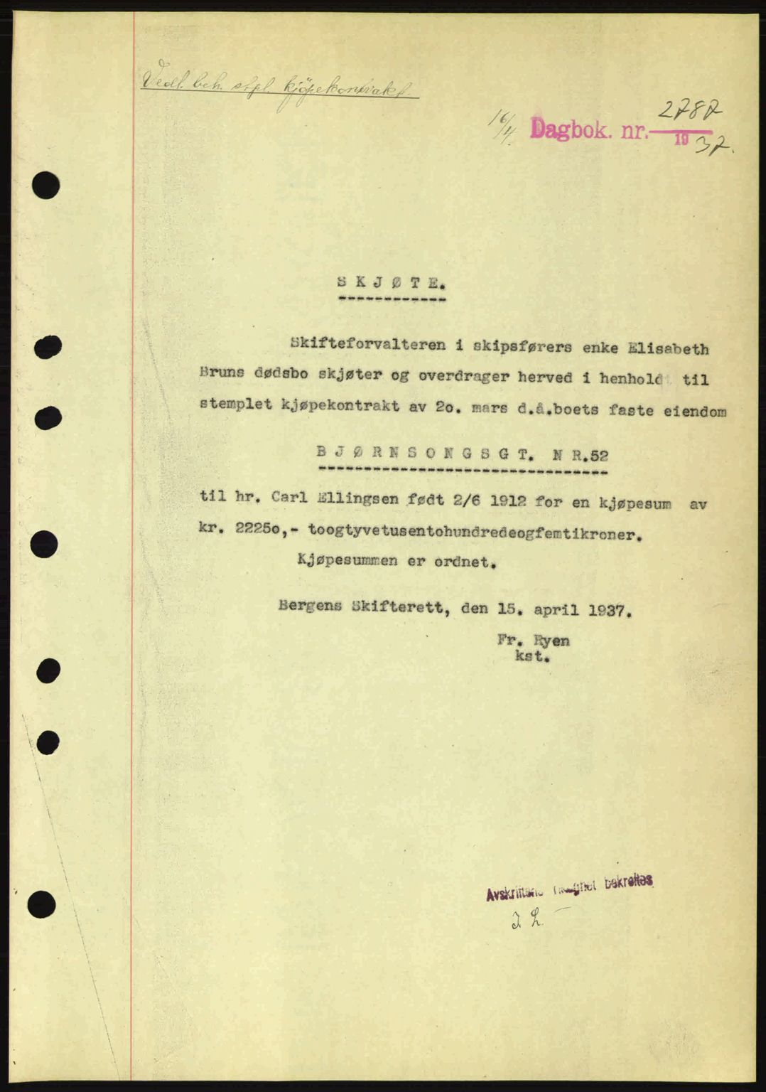 Byfogd og Byskriver i Bergen, SAB/A-3401/03/03Bc/L0004: Mortgage book no. A3-4, 1936-1937, Diary no: : 2787/1937
