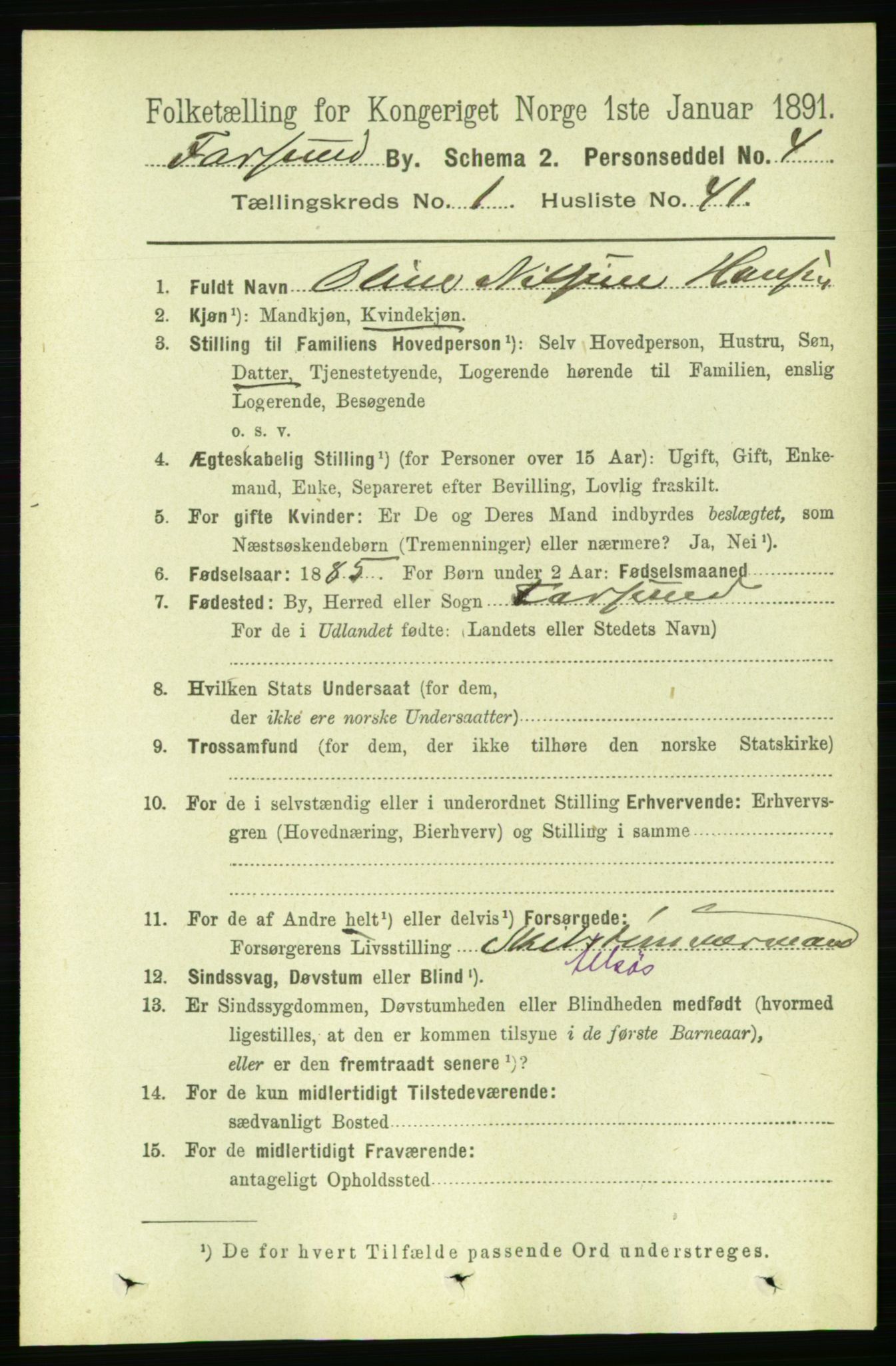 RA, 1891 census for 1003 Farsund, 1891, p. 817