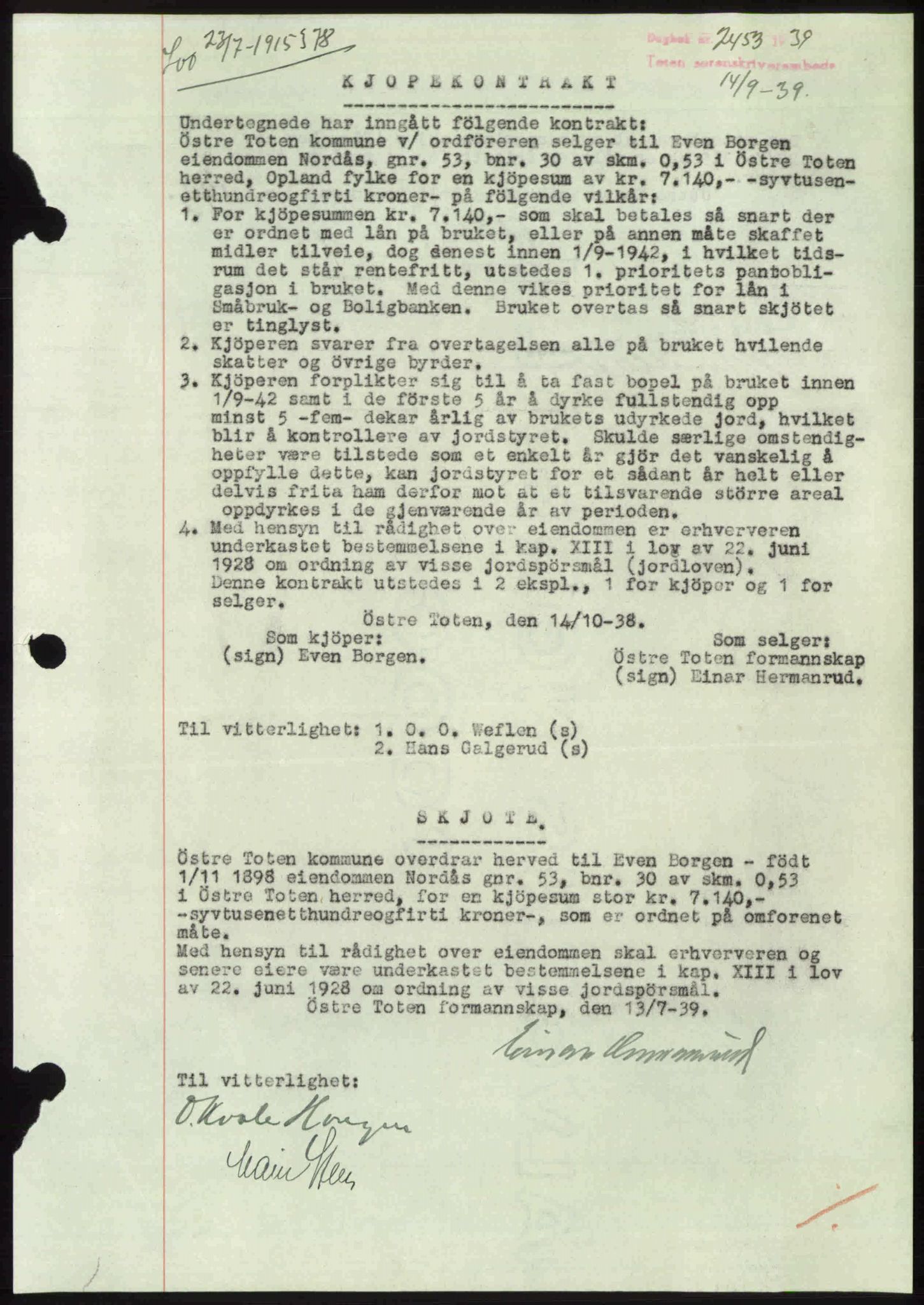 Toten tingrett, SAH/TING-006/H/Hb/Hbc/L0006: Mortgage book no. Hbc-06, 1939-1939, Diary no: : 2453/1939