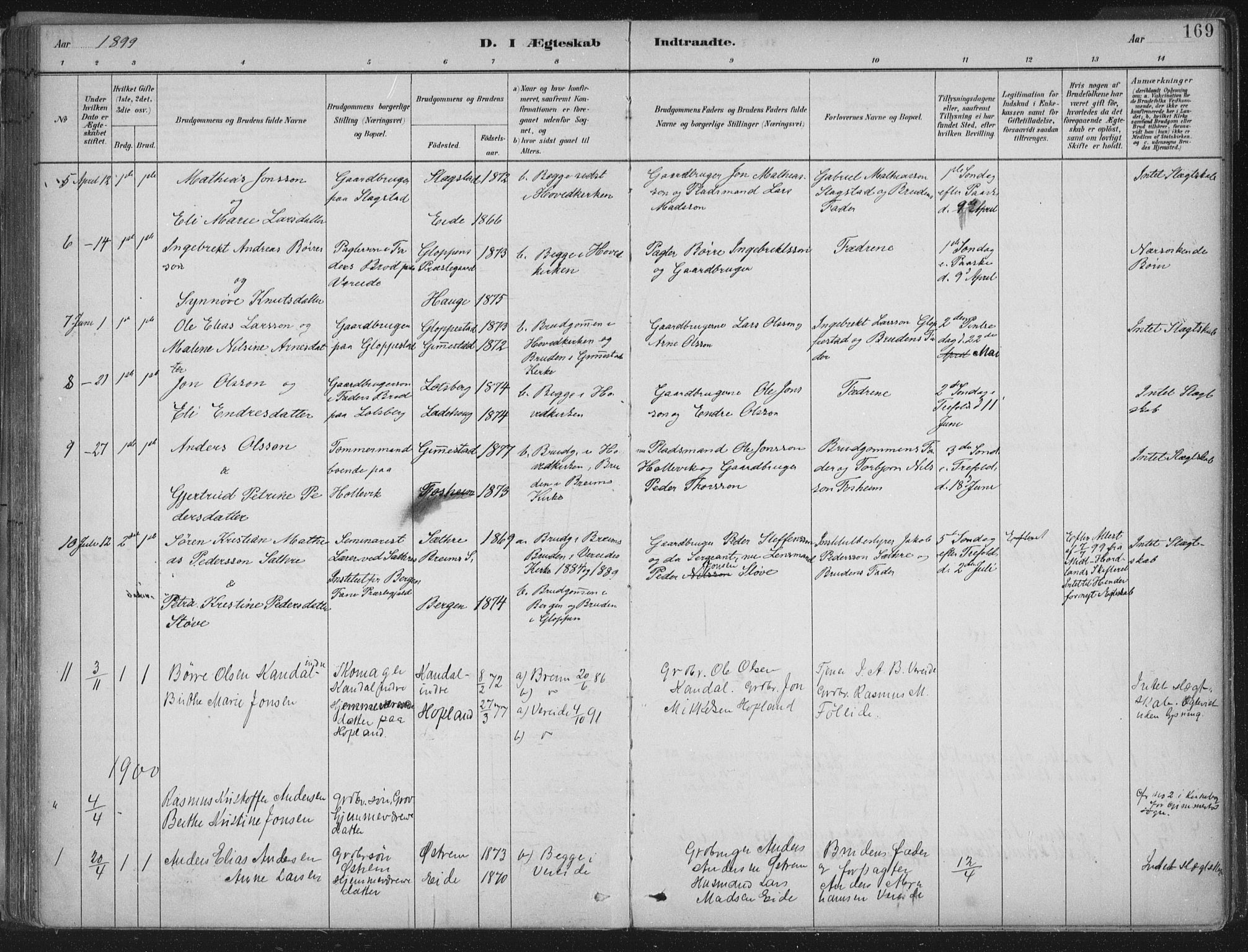 Gloppen sokneprestembete, AV/SAB-A-80101/H/Haa/Haab/L0001: Parish register (official) no. B  1, 1885-1905, p. 169