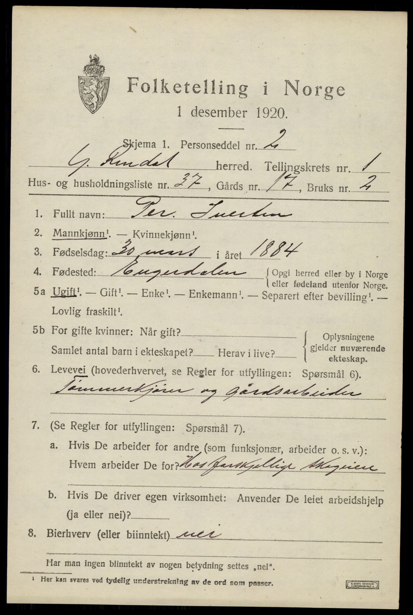 SAH, 1920 census for Ytre Rendal, 1920, p. 1065