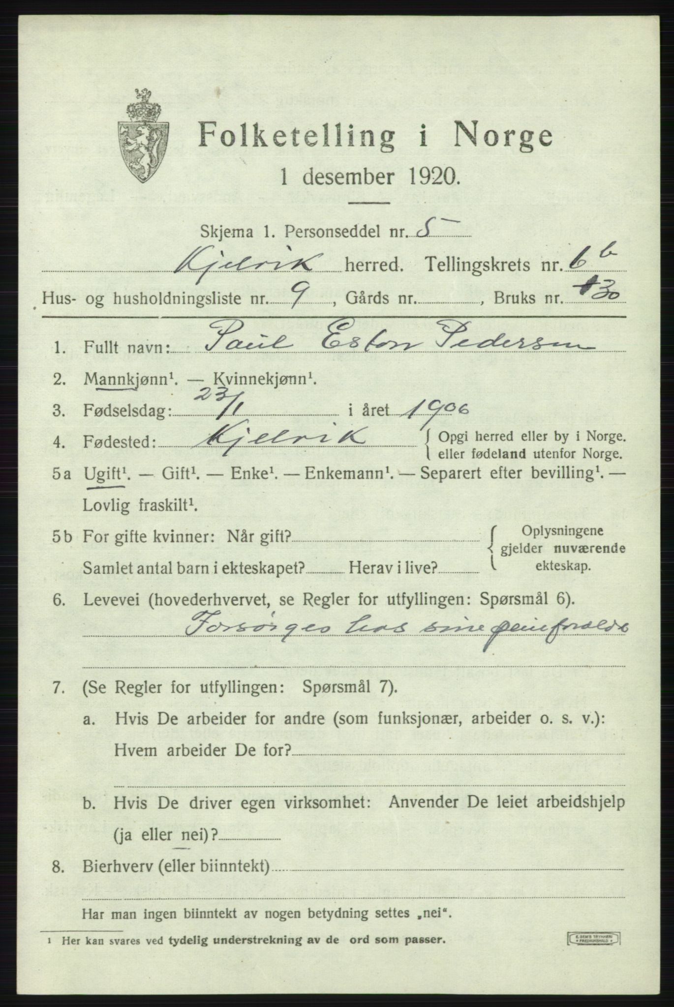 SATØ, 1920 census for Kjelvik, 1920, p. 3709