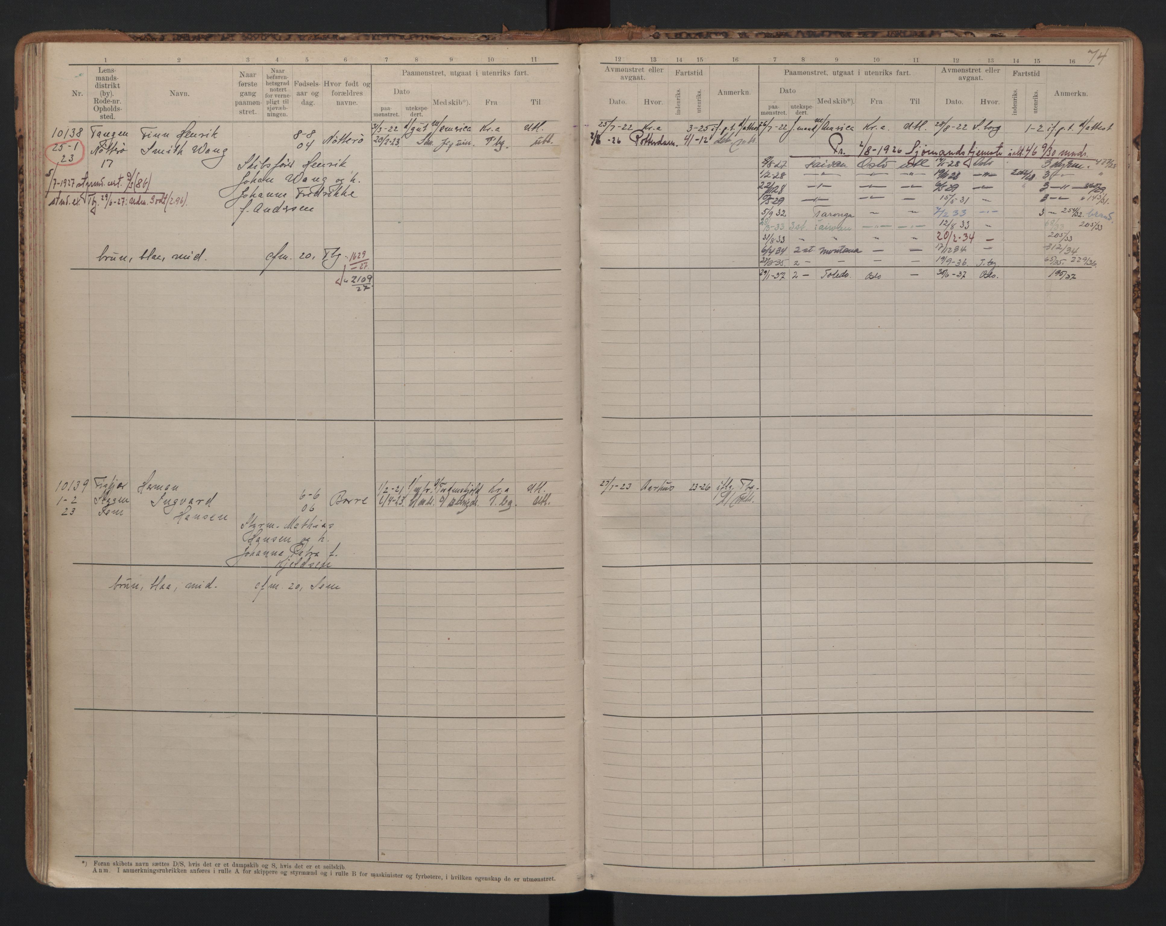 Tønsberg innrulleringskontor, AV/SAKO-A-786/F/Fc/Fcb/L0010: Hovedrulle Patent nr. 9993-1923, 1922-1923, p. 74