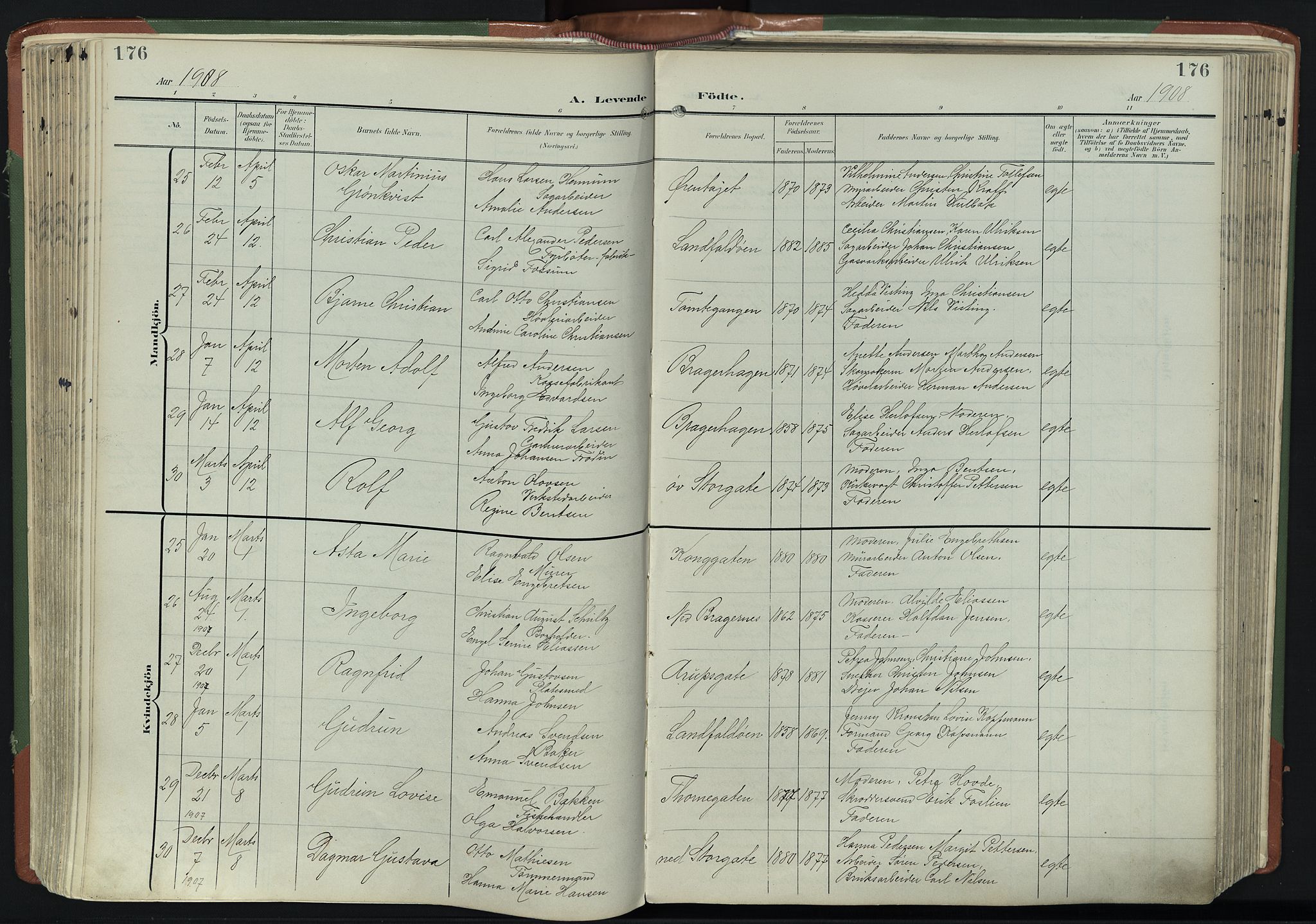 Bragernes kirkebøker, SAKO/A-6/F/Fb/L0009: Parish register (official) no. II 9, 1902-1911, p. 176