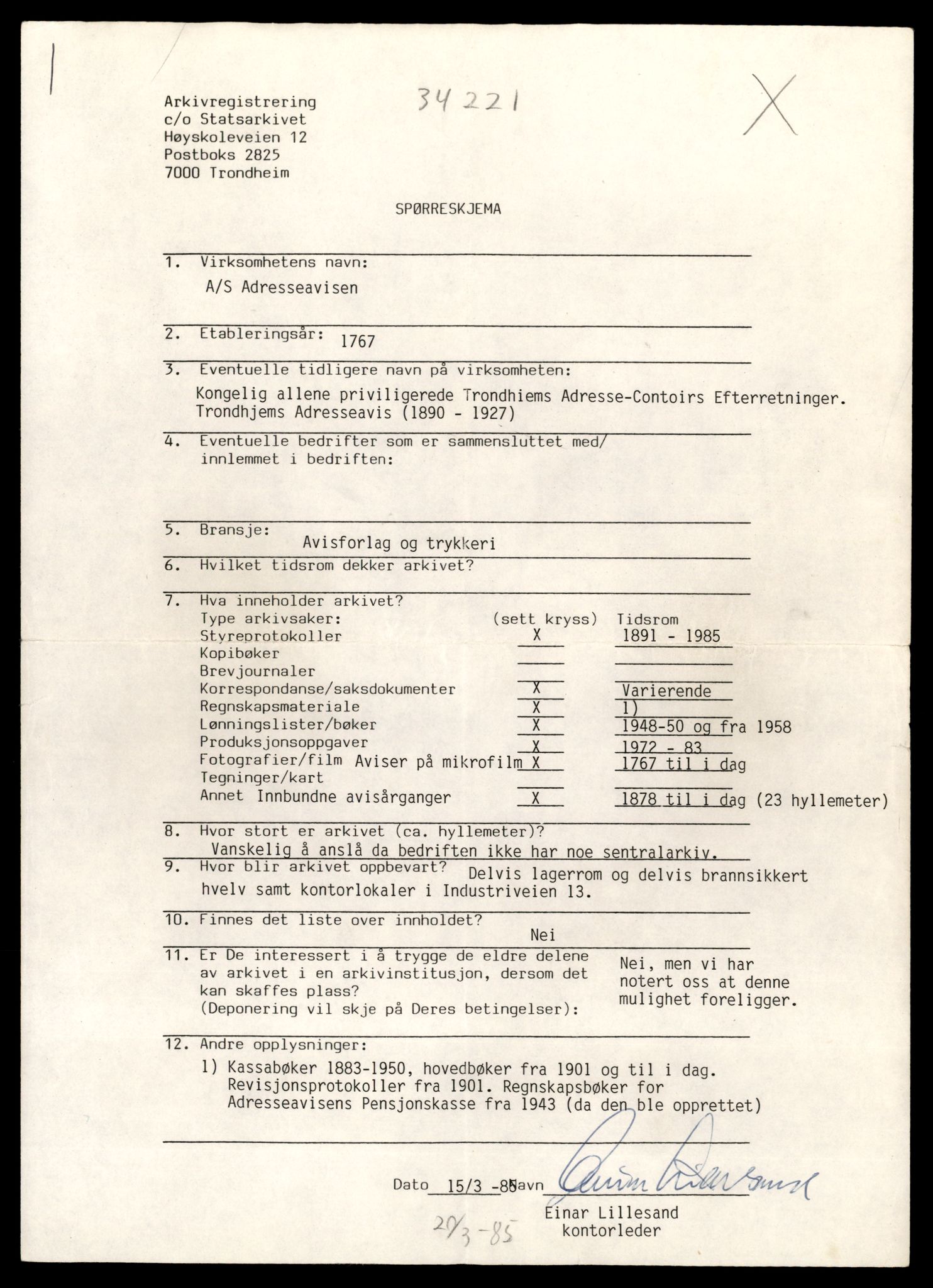 Statsarkivet i Trondheim, AV/SAT-A-4183/E/Ec/Ecb/L0004: Bedrifts-/privatarkivregistrering, 1984-1986, p. 1