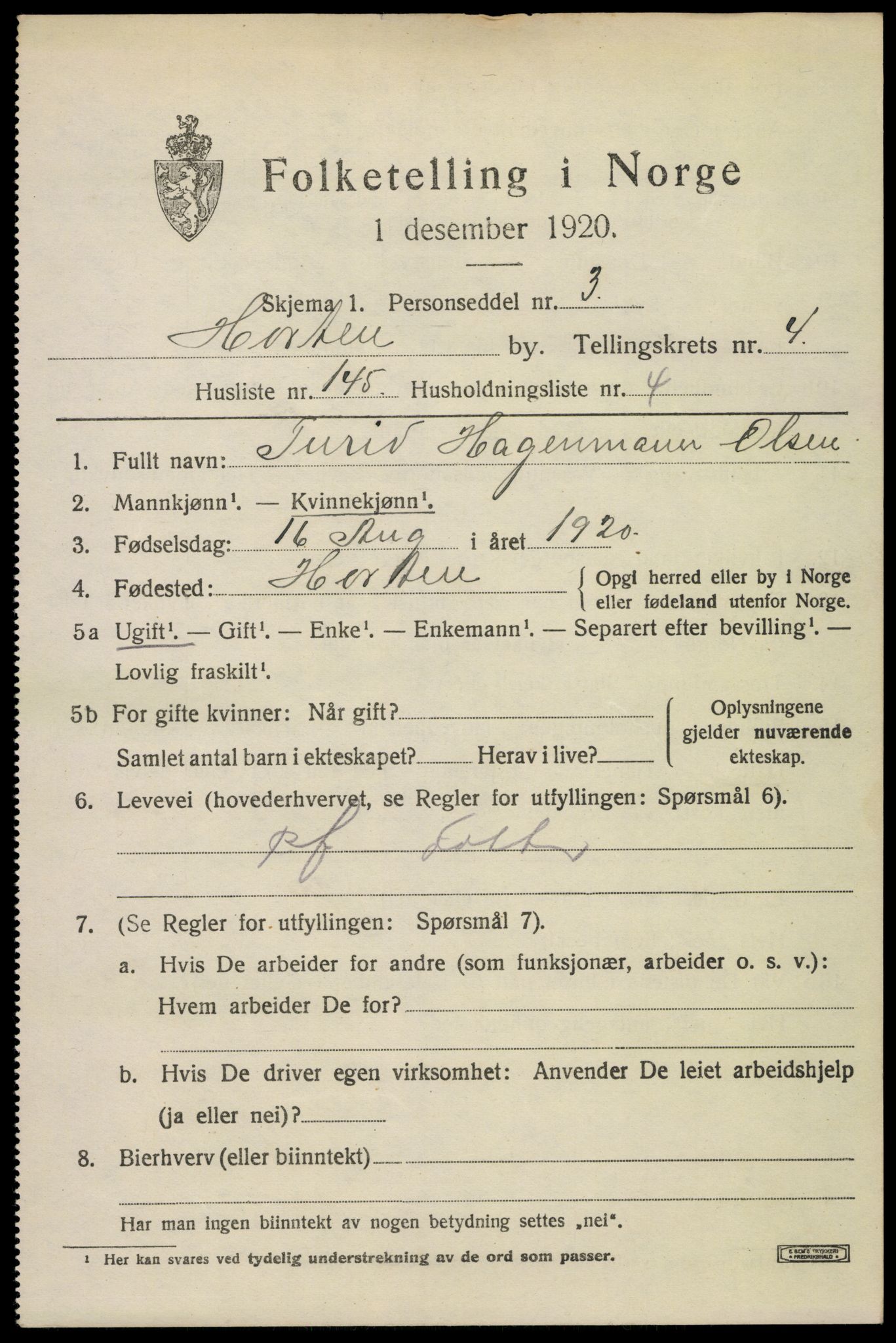 SAKO, 1920 census for Horten, 1920, p. 19005