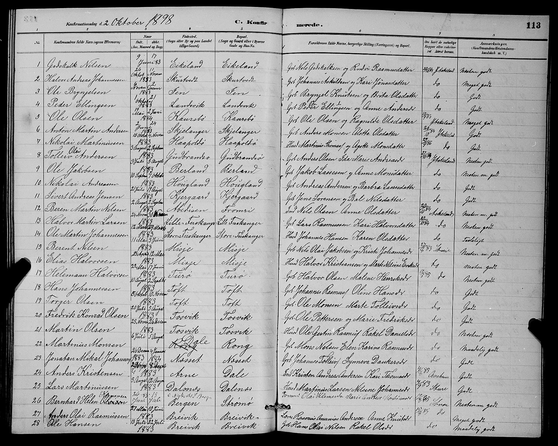 Herdla Sokneprestembete, SAB/A-75701/H/Hab: Parish register (copy) no. A 3, 1889-1899, p. 113