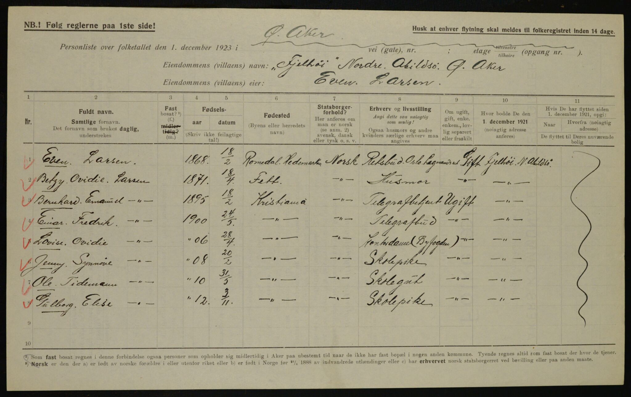 , Municipal Census 1923 for Aker, 1923, p. 38456