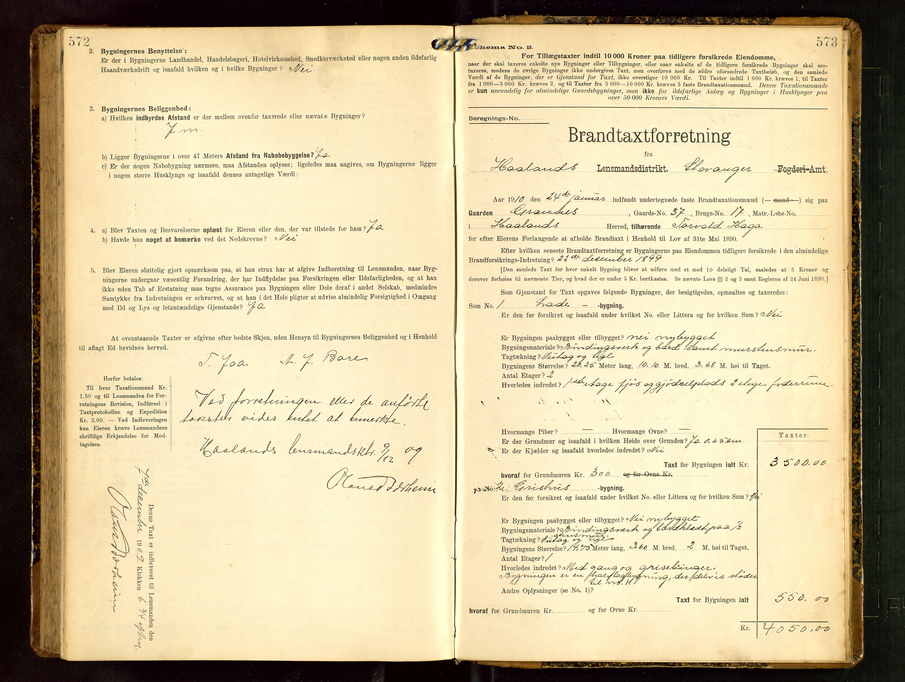 Håland lensmannskontor, SAST/A-100100/Gob/L0003: Branntakstprotokoll - skjematakst. Register i boken., 1909-1910, p. 572-573