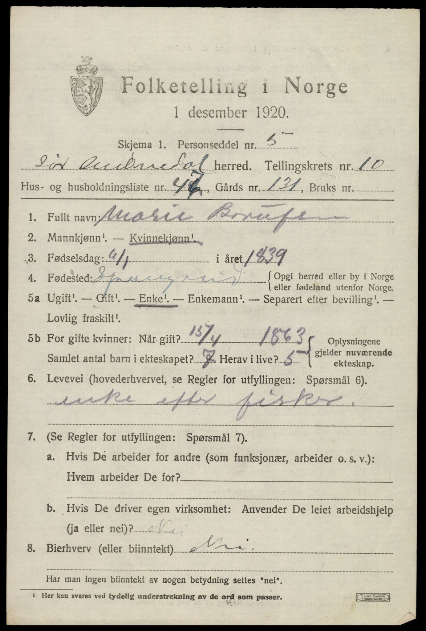 SAK, 1920 census for Sør-Audnedal, 1920, p. 4241