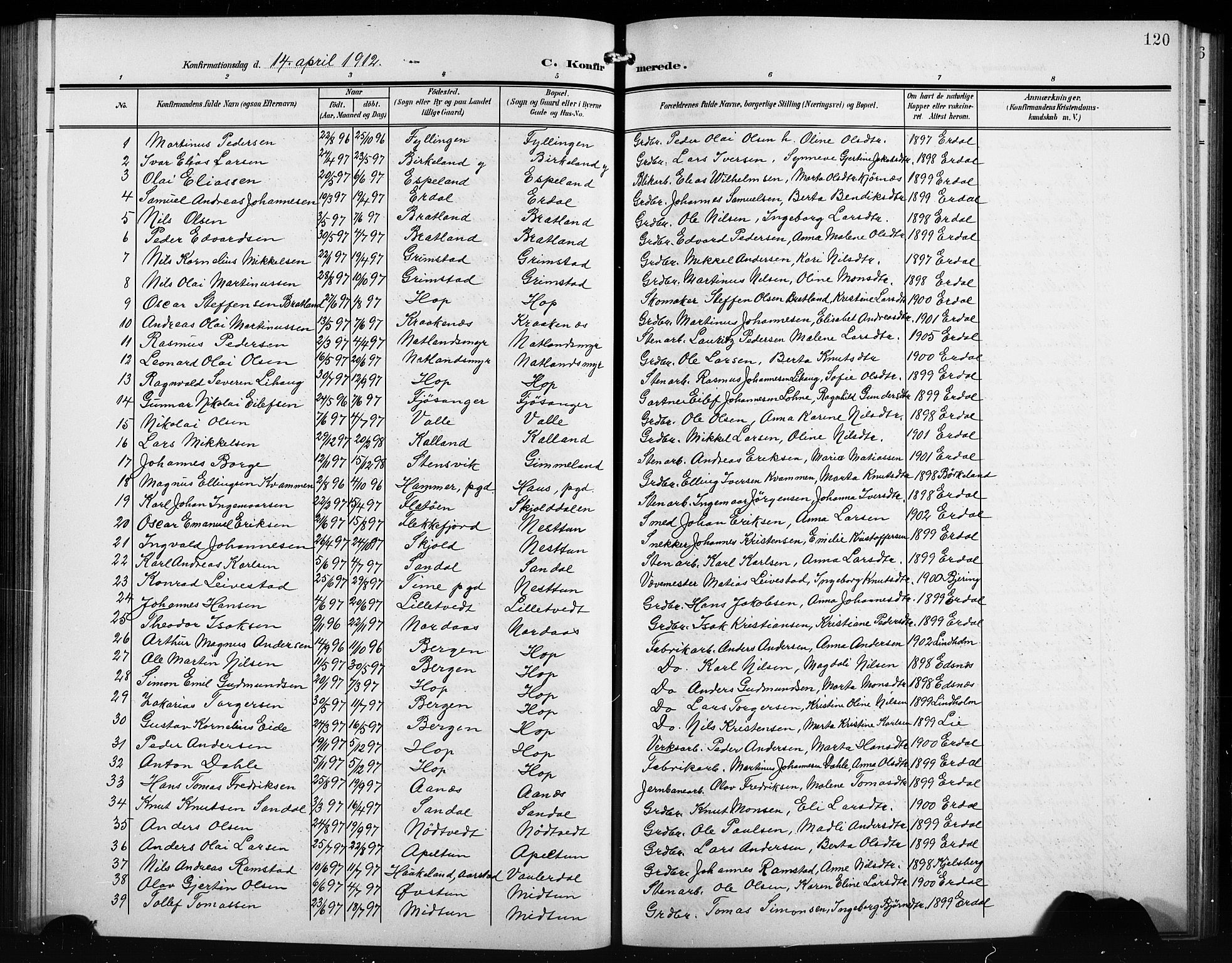Birkeland Sokneprestembete, SAB/A-74601/H/Hab: Parish register (copy) no. A 6, 1906-1915, p. 120