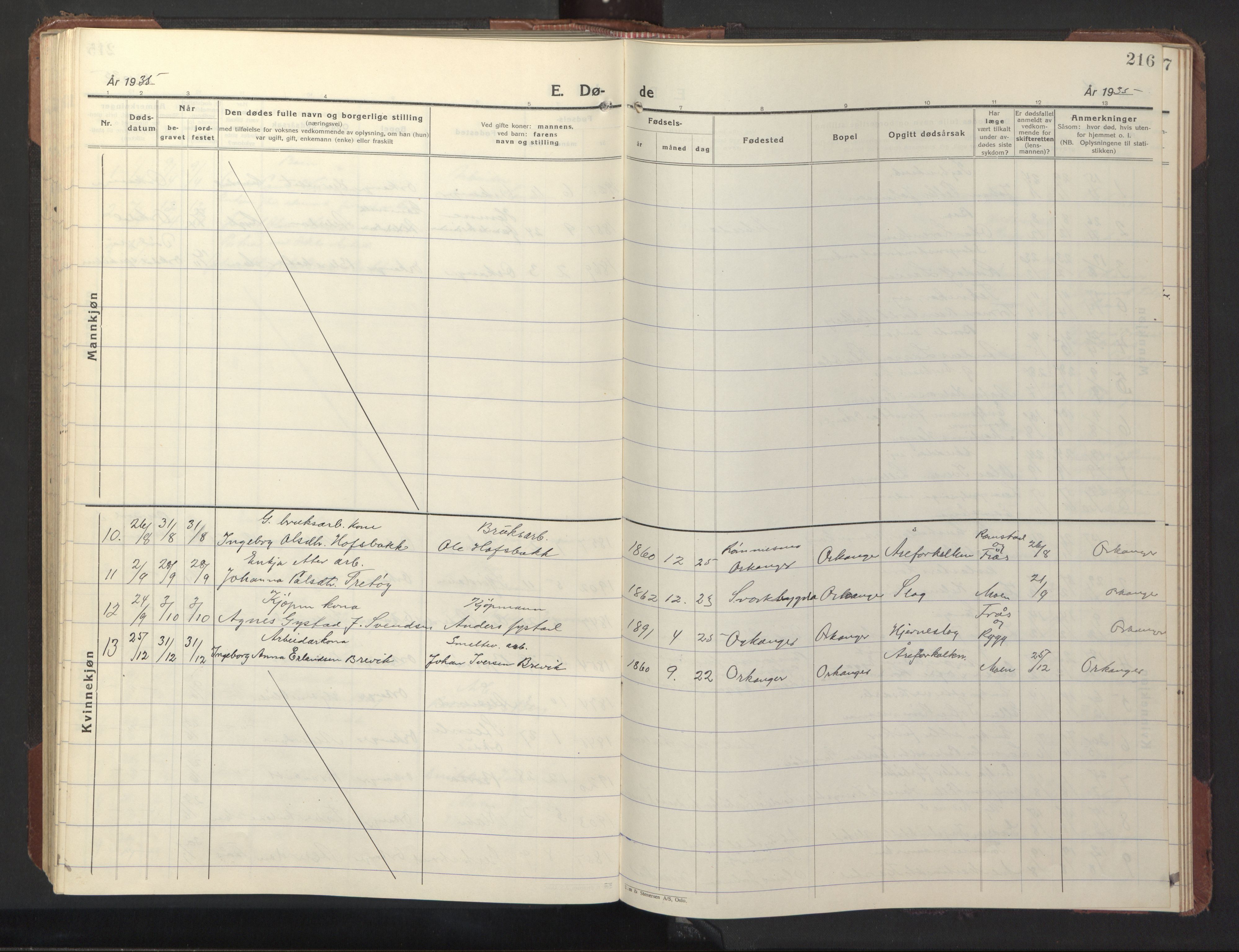 Ministerialprotokoller, klokkerbøker og fødselsregistre - Sør-Trøndelag, SAT/A-1456/669/L0832: Parish register (copy) no. 669C02, 1925-1953, p. 216