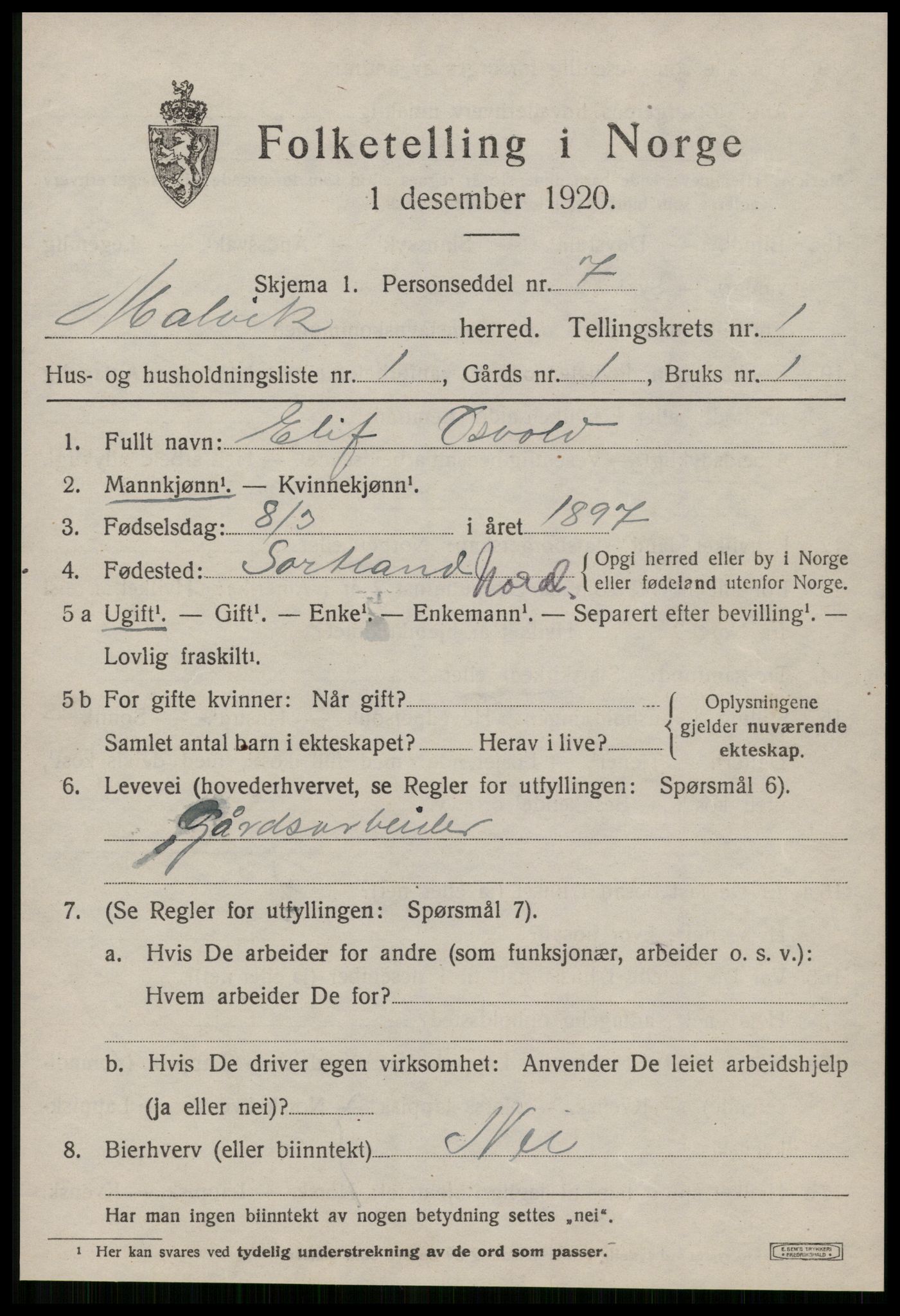 SAT, 1920 census for Malvik, 1920, p. 1202