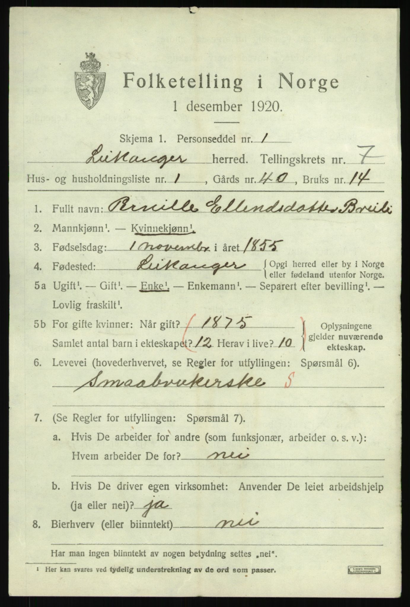 SAB, 1920 census for Leikanger, 1920, p. 4588