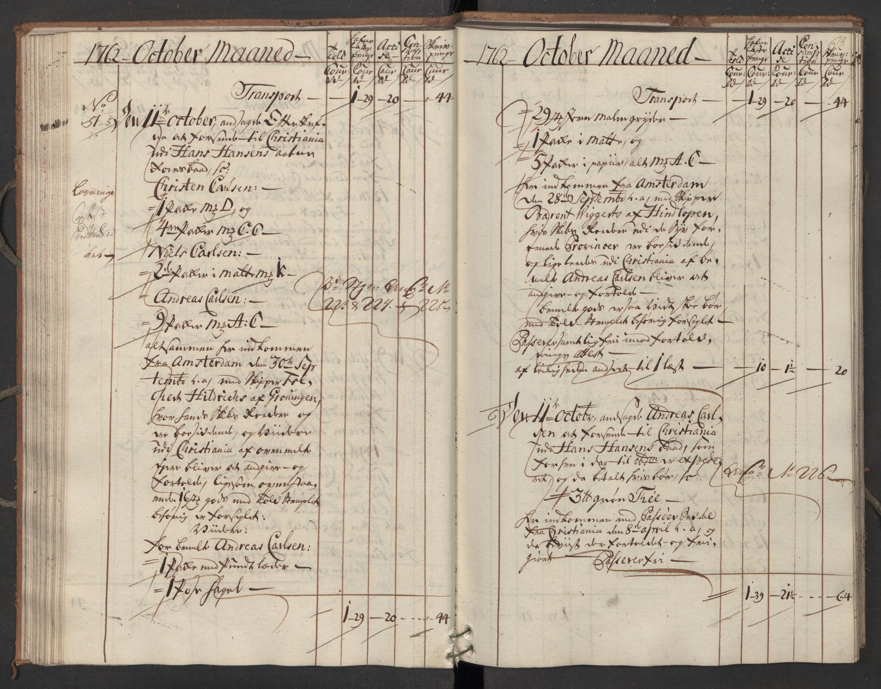 Generaltollkammeret, tollregnskaper, AV/RA-EA-5490/R07/L0022/0001: Tollregnskaper Sand / Inngående hovedtollbok, 1762, p. 62b-63a