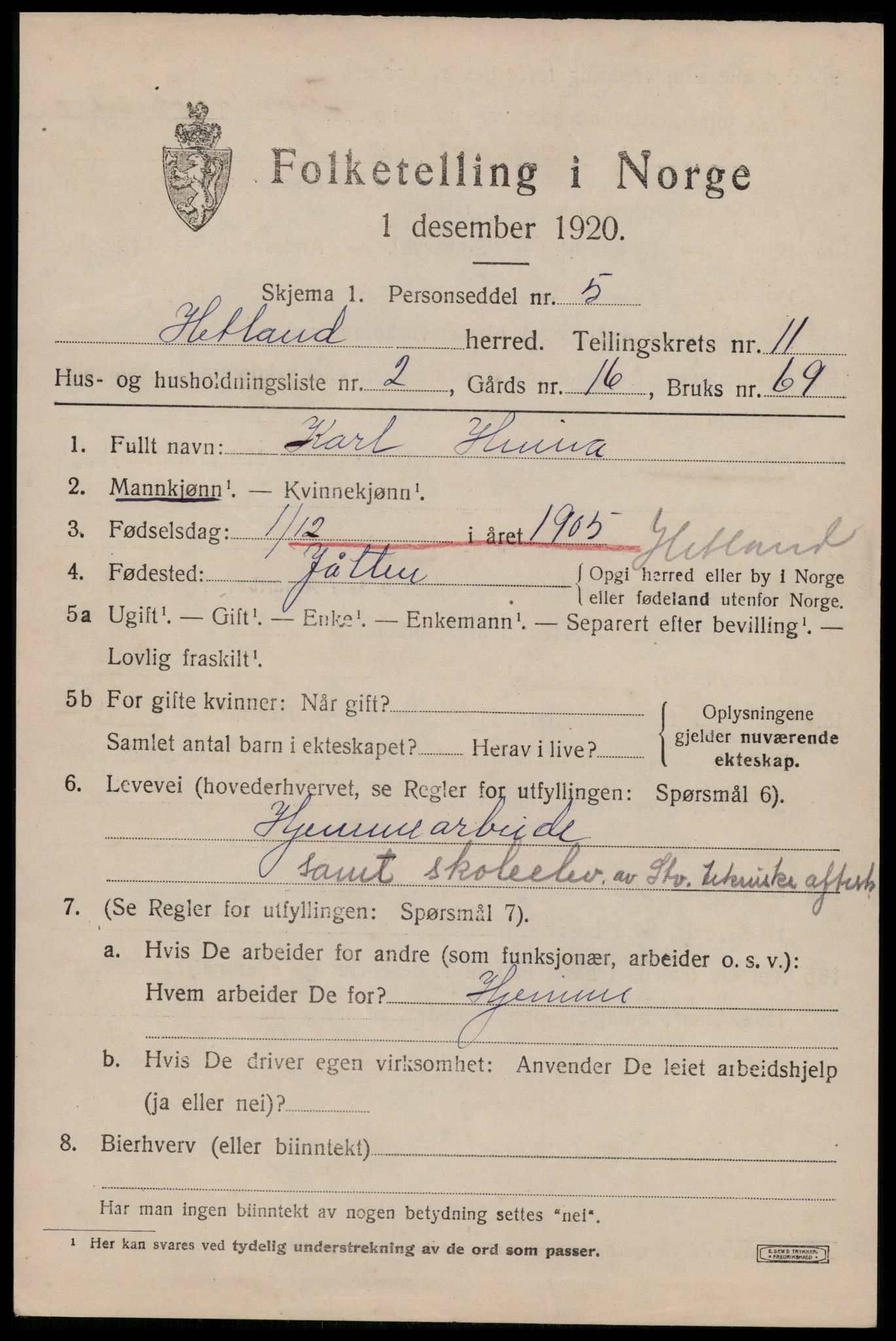 SAST, 1920 census for Hetland, 1920, p. 19957