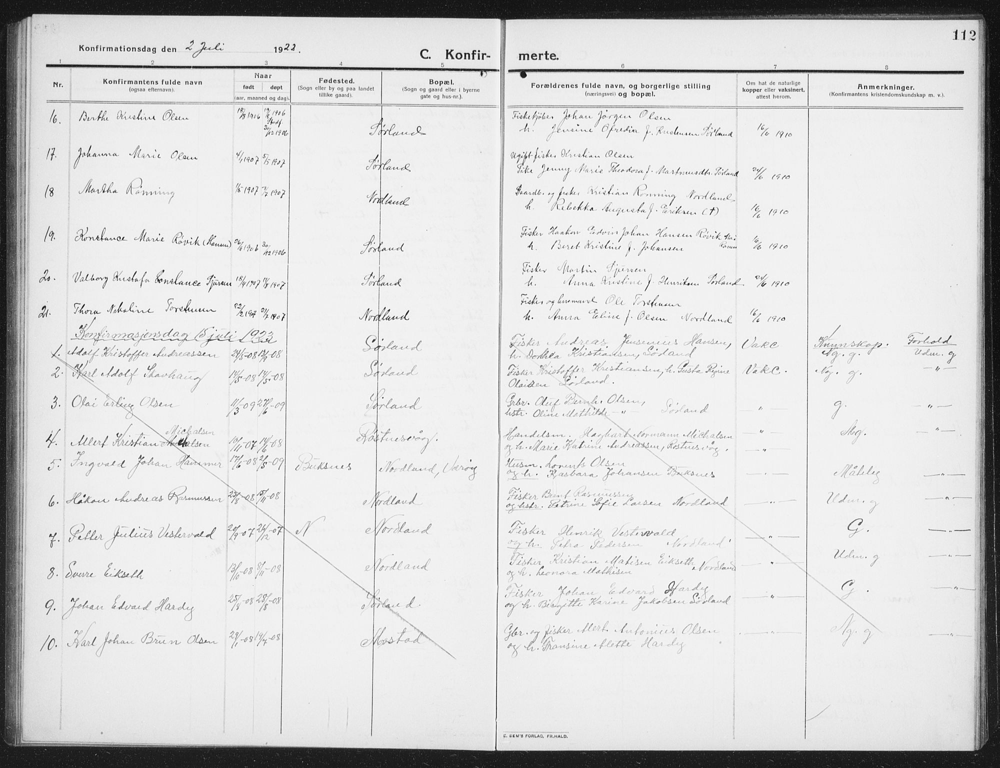 Ministerialprotokoller, klokkerbøker og fødselsregistre - Nordland, AV/SAT-A-1459/807/L0124: Parish register (copy) no. 807C02, 1910-1935, p. 112