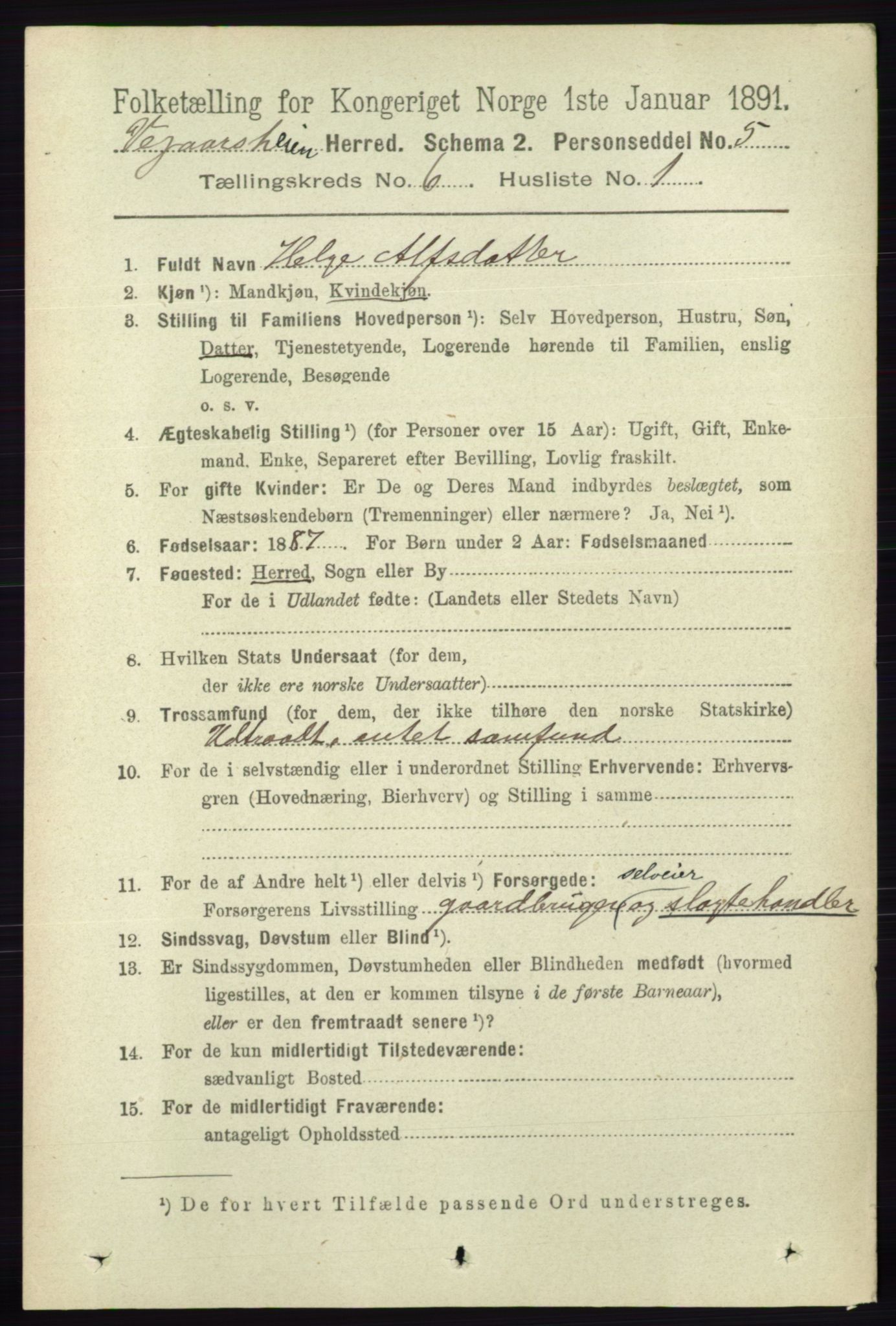 RA, 1891 census for 0912 Vegårshei, 1891, p. 1170