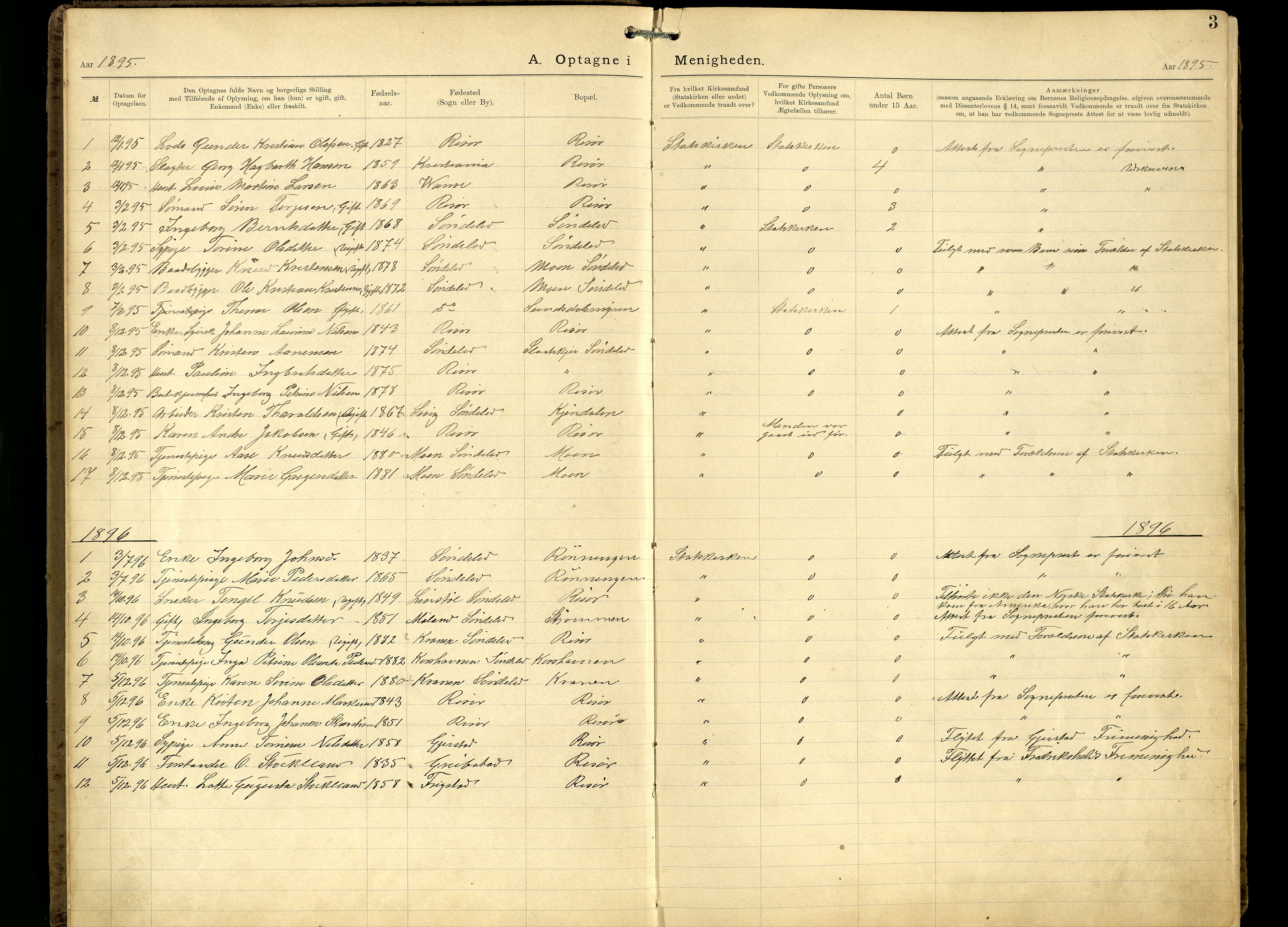 Den evangelisk-lutherske frimenighet, Risør, AV/SAK-1292-0007/F/Fa/L0002: Dissenter register no. F 18, 1892-1954, p. 3