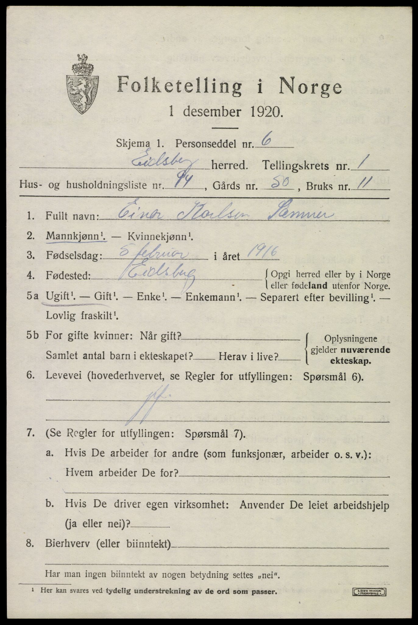 SAO, 1920 census for Eidsberg, 1920, p. 3177