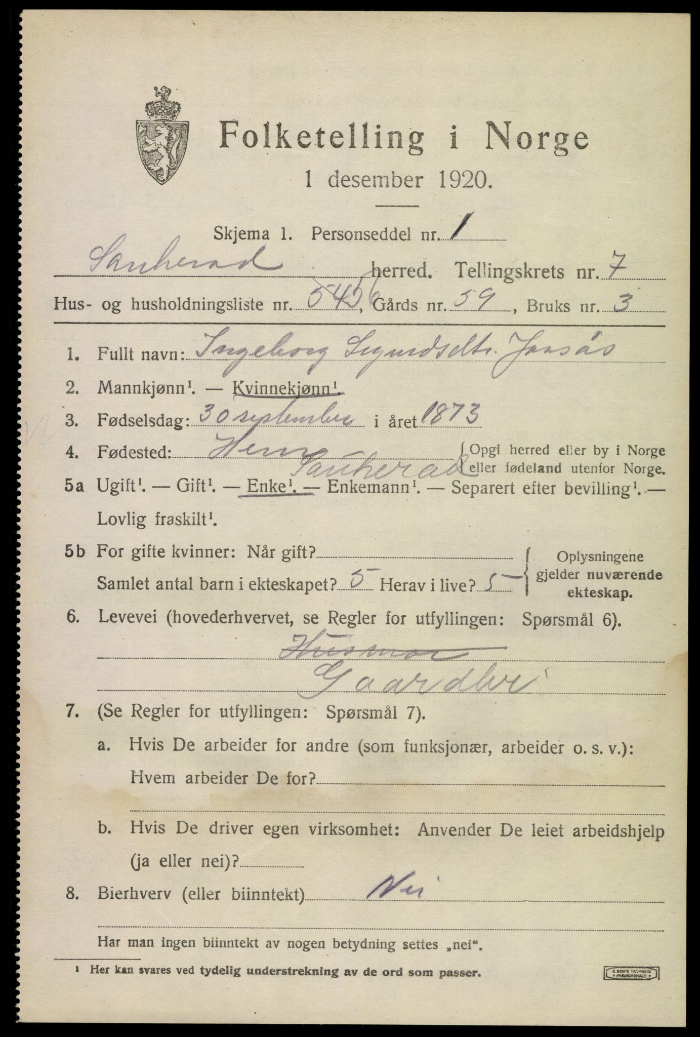 SAKO, 1920 census for Sauherad, 1920, p. 6149