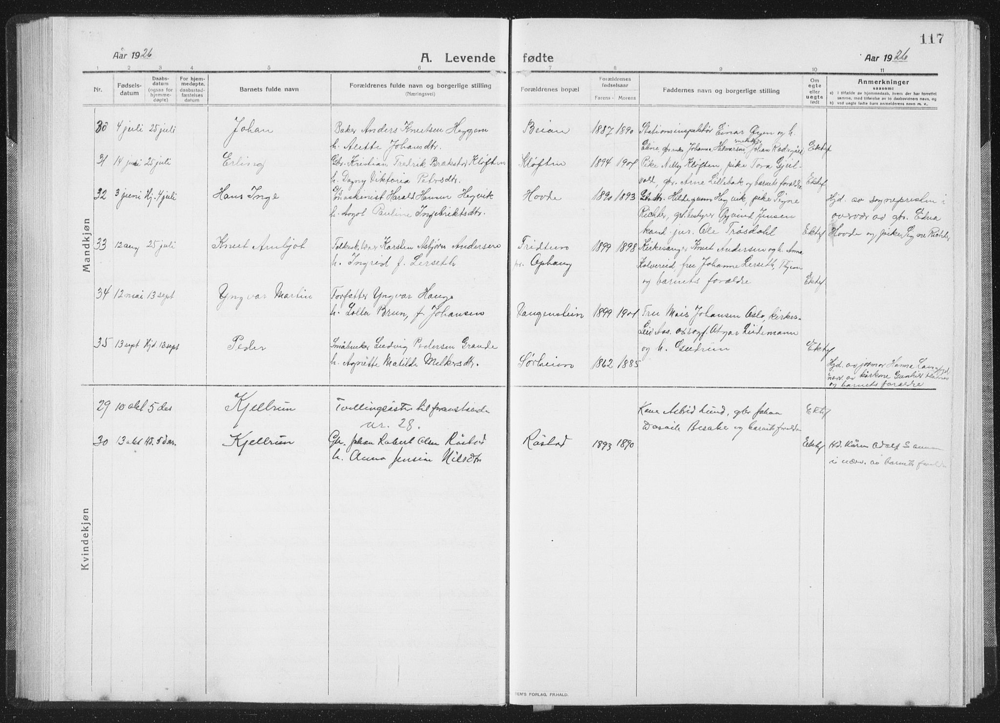 Ministerialprotokoller, klokkerbøker og fødselsregistre - Sør-Trøndelag, SAT/A-1456/659/L0747: Parish register (copy) no. 659C04, 1913-1938, p. 117