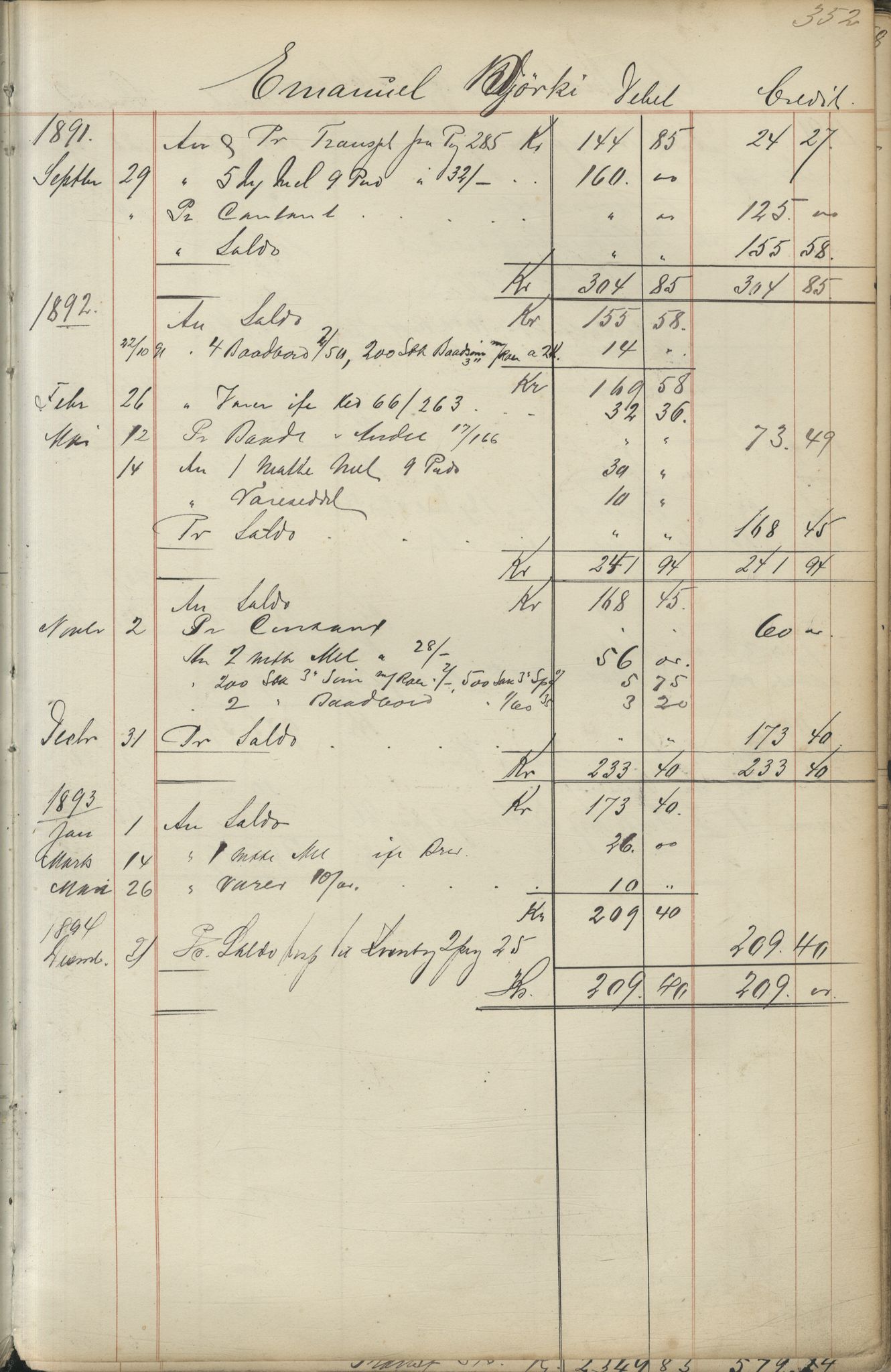 Brodtkorb handel A/S, VAMU/A-0001/F/Fc/L0001/0001: Konto for kvener og nordmenn på Kolahalvøya  / Conto for Kvæner og Nordmænd paa Russefinmarken No 1, 1868-1894, p. 352