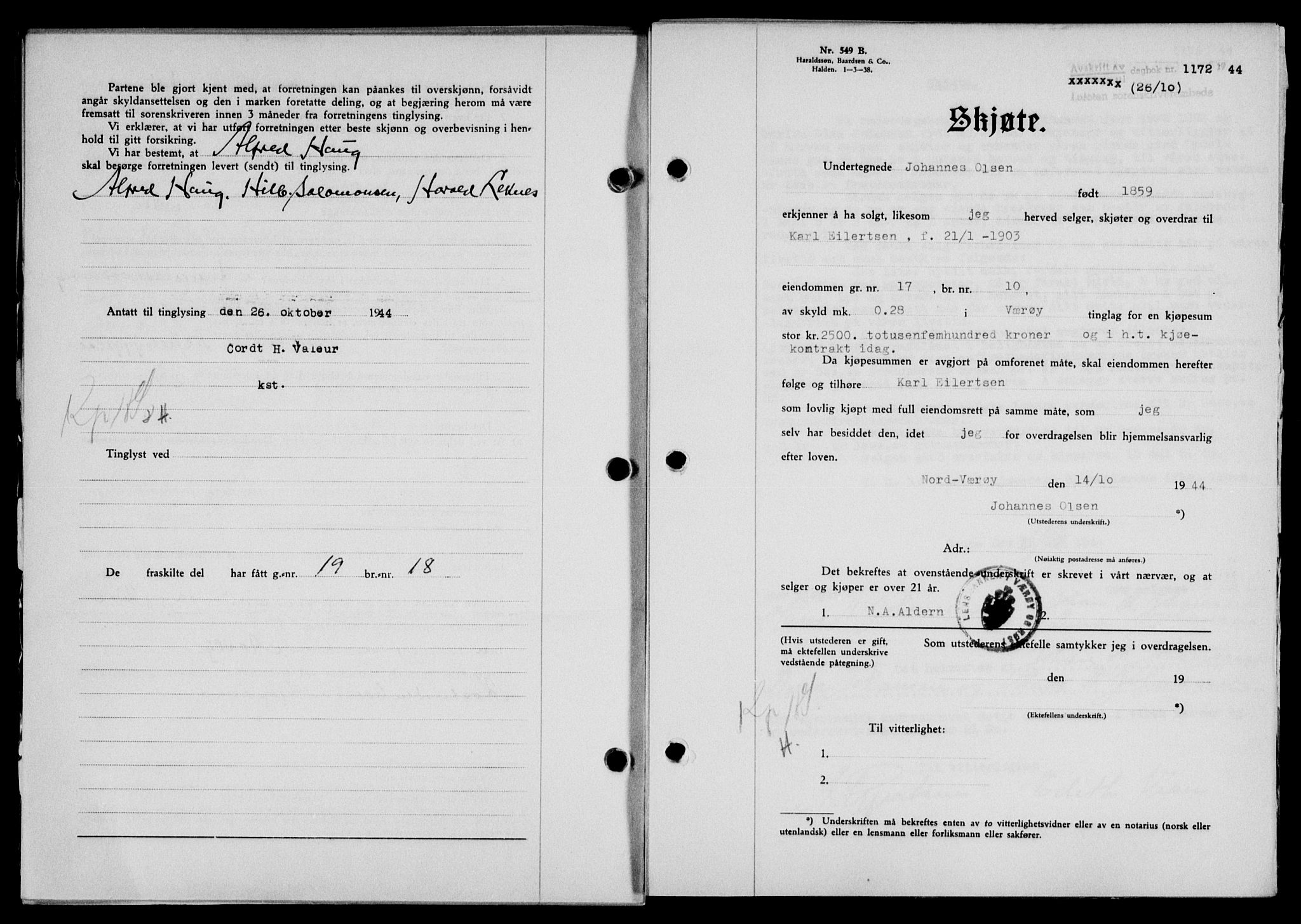 Lofoten sorenskriveri, SAT/A-0017/1/2/2C/L0012a: Mortgage book no. 12a, 1943-1944, Diary no: : 1172/1944