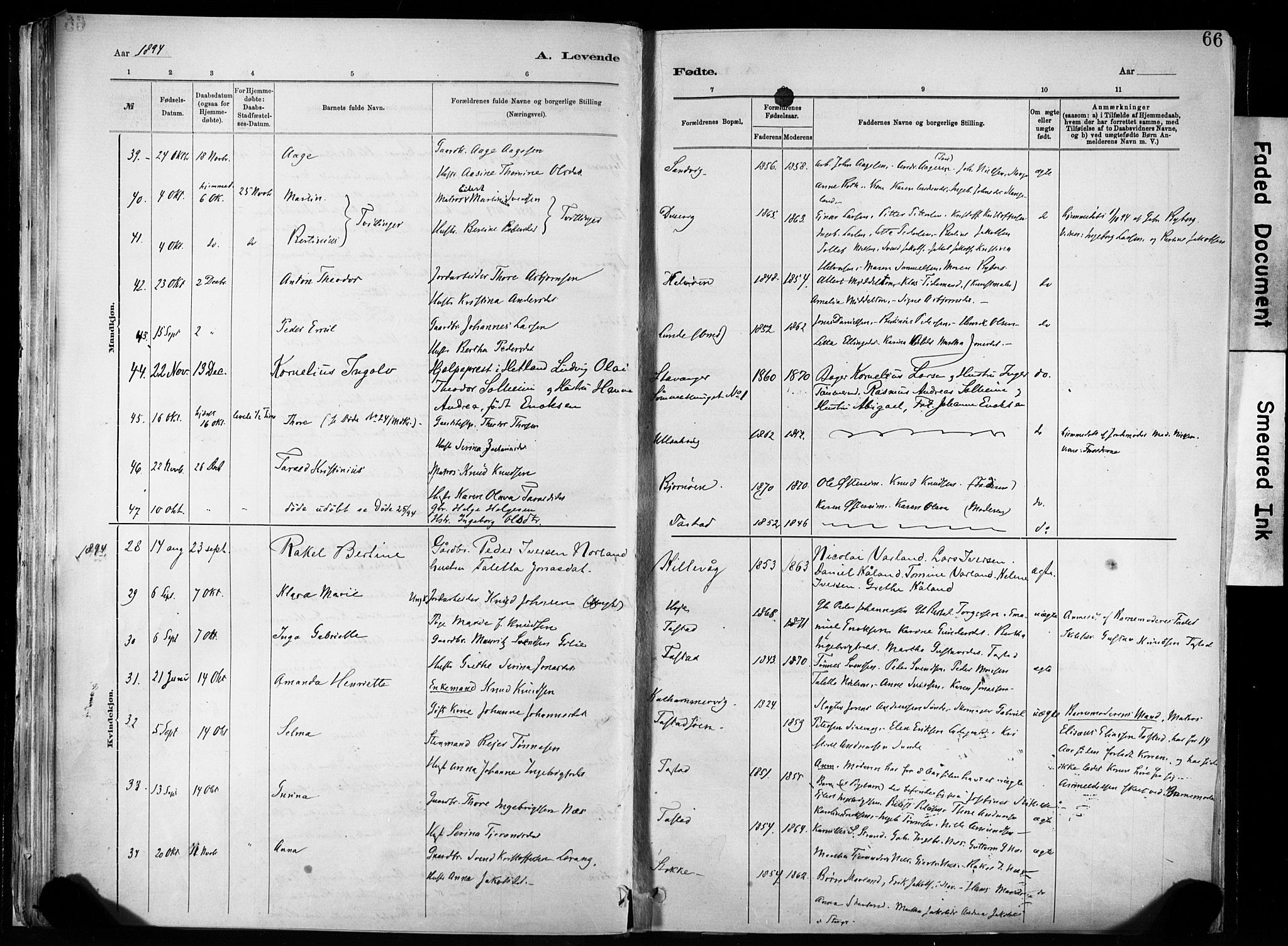 Hetland sokneprestkontor, SAST/A-101826/30/30BA/L0011: Parish register (official) no. A 11, 1884-1911, p. 66