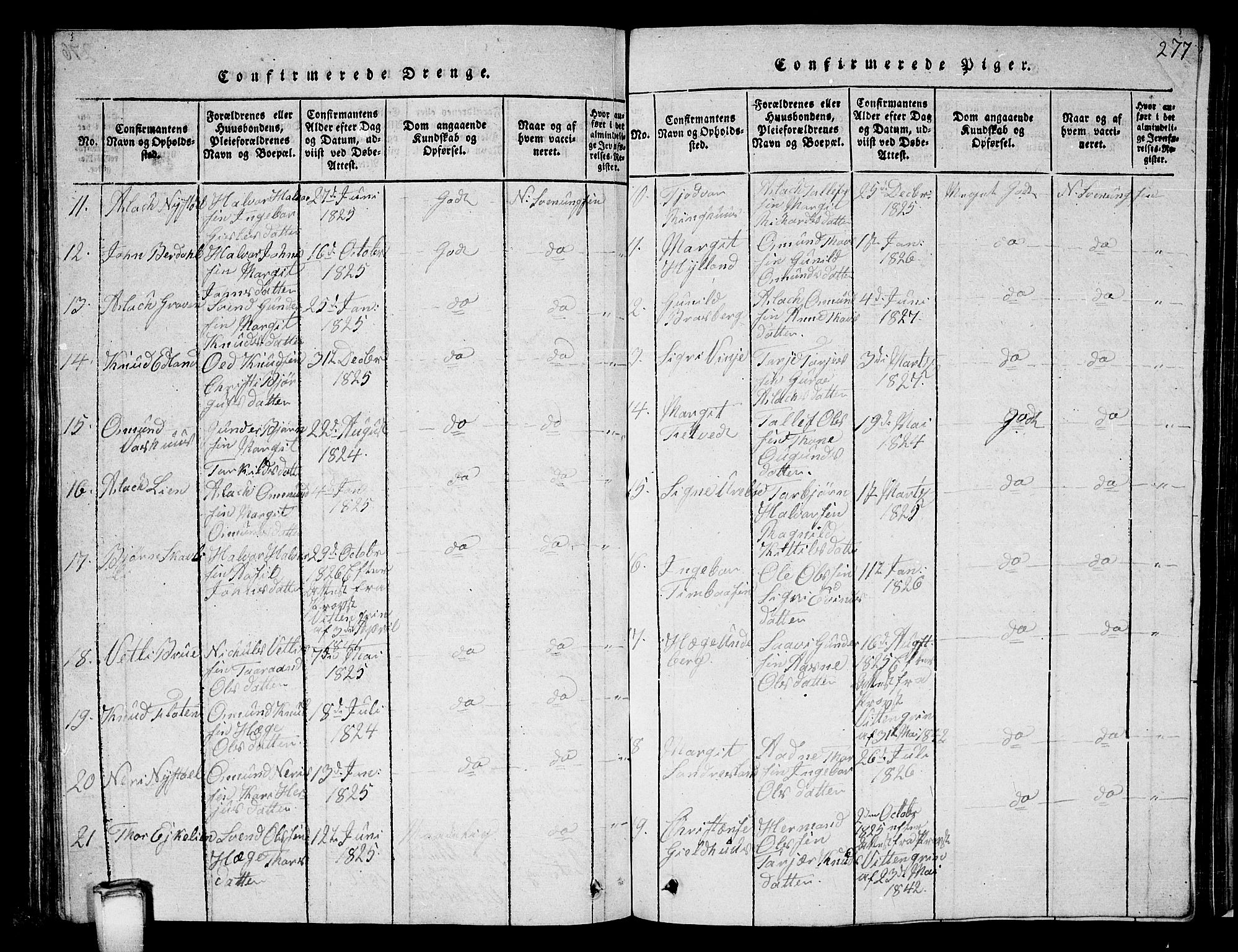 Vinje kirkebøker, SAKO/A-312/G/Ga/L0001: Parish register (copy) no. I 1, 1814-1843, p. 277