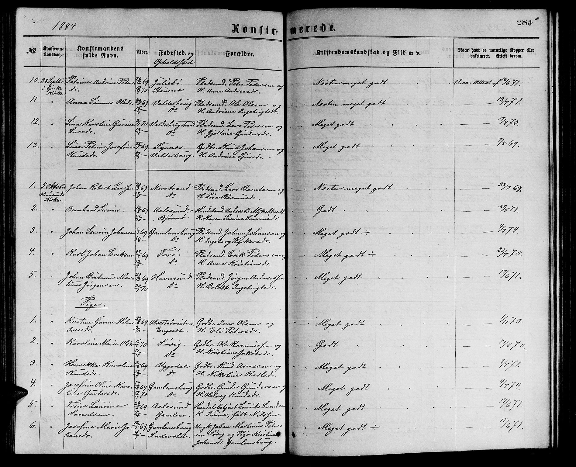 Ministerialprotokoller, klokkerbøker og fødselsregistre - Møre og Romsdal, AV/SAT-A-1454/528/L0429: Parish register (copy) no. 528C10, 1872-1886, p. 284