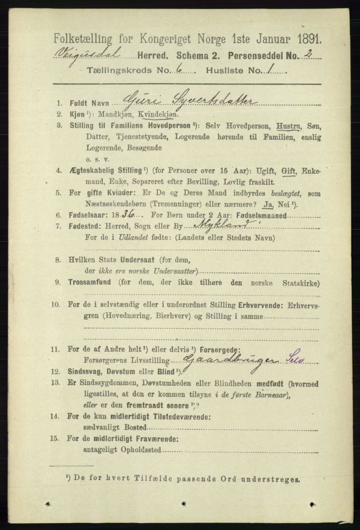 RA, 1891 census for 0934 Vegusdal, 1891, p. 1080