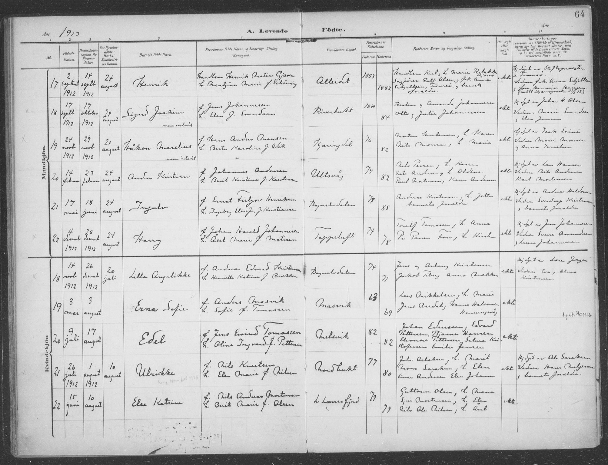 Talvik sokneprestkontor, AV/SATØ-S-1337/H/Ha/L0017kirke: Parish register (official) no. 17, 1906-1915, p. 64