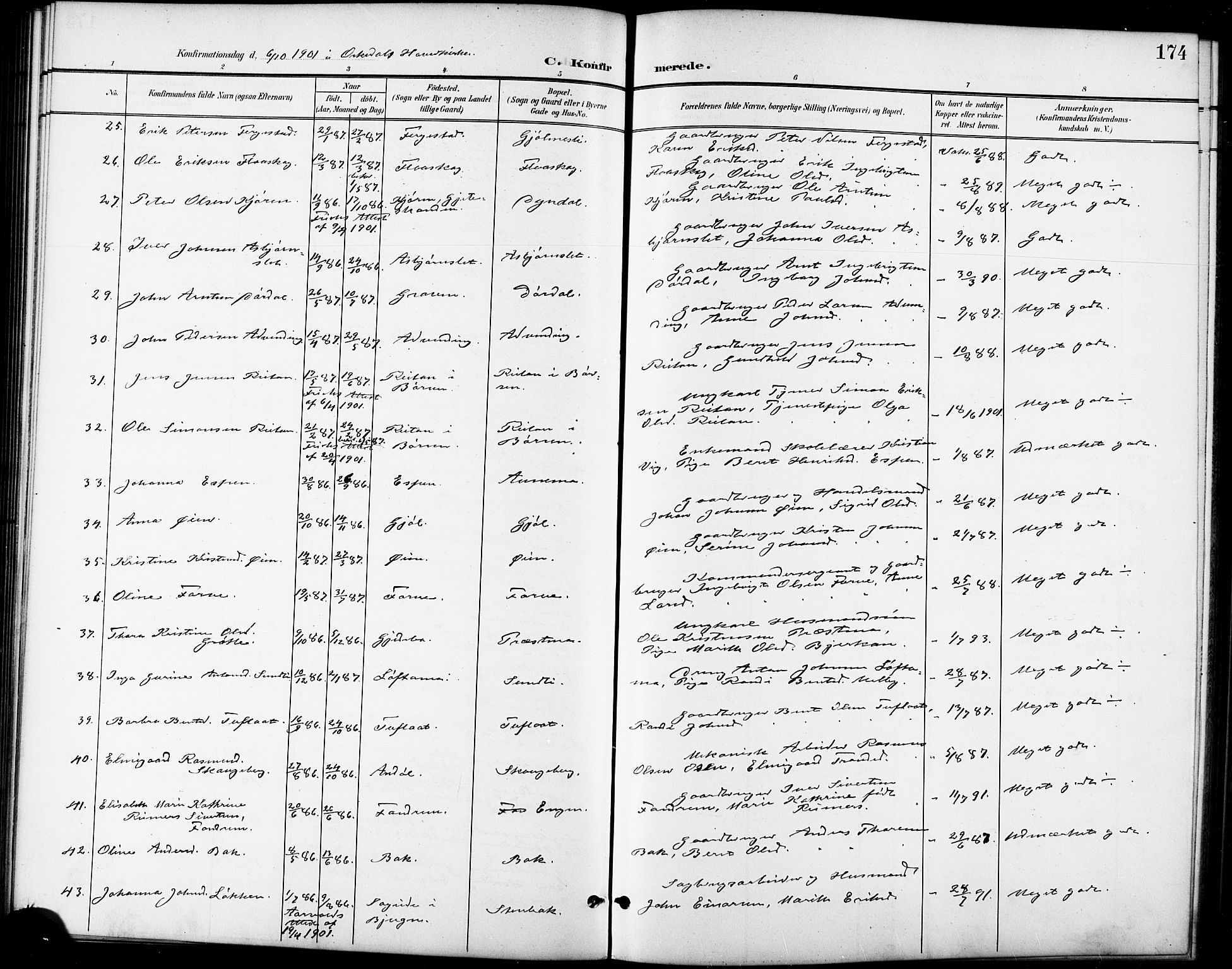 Ministerialprotokoller, klokkerbøker og fødselsregistre - Sør-Trøndelag, SAT/A-1456/668/L0819: Parish register (copy) no. 668C08, 1899-1912, p. 174