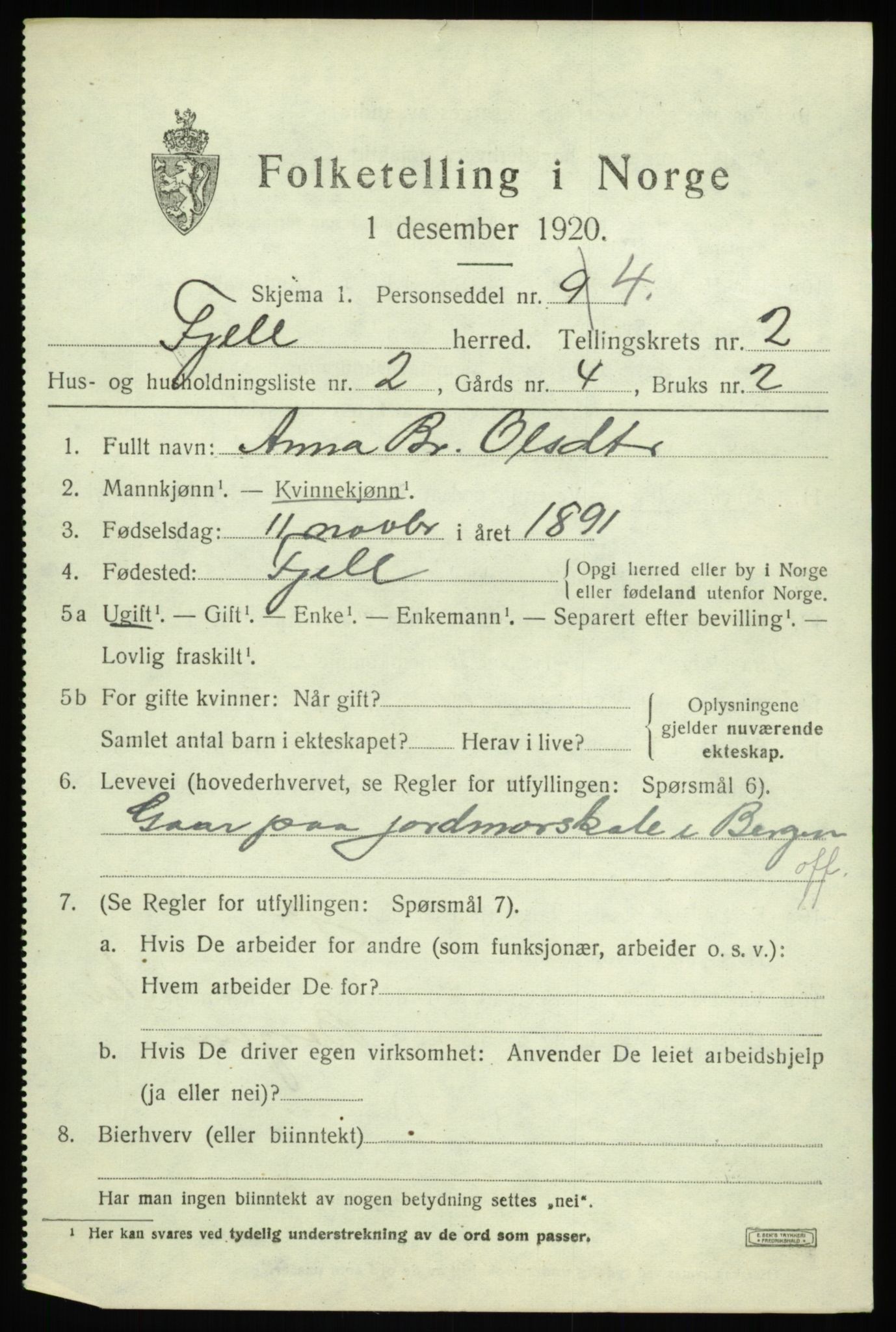 SAB, 1920 census for Fjell, 1920, p. 2268