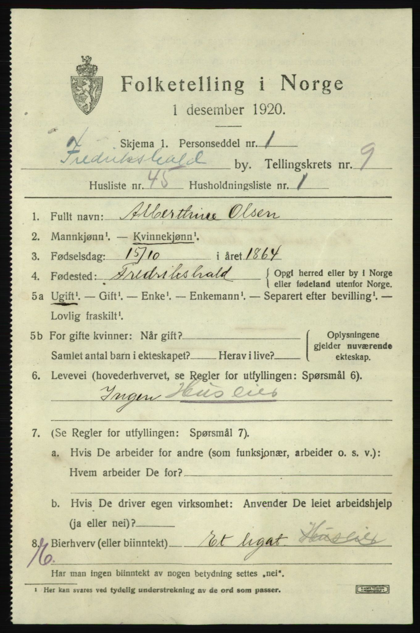 SAO, 1920 census for Fredrikshald, 1920, p. 16951