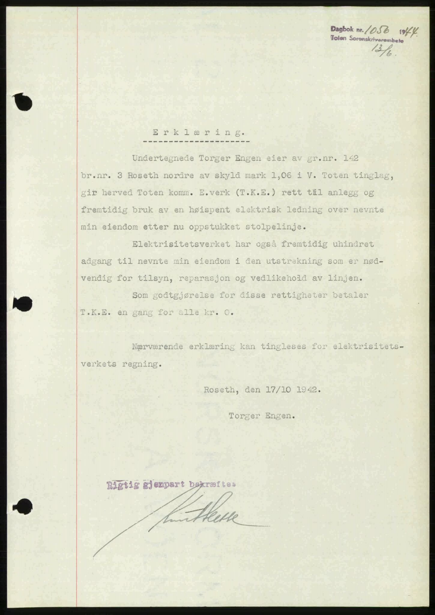 Toten tingrett, AV/SAH-TING-006/H/Hb/Hbc/L0012: Mortgage book no. Hbc-12, 1944-1944, Diary no: : 1056/1944