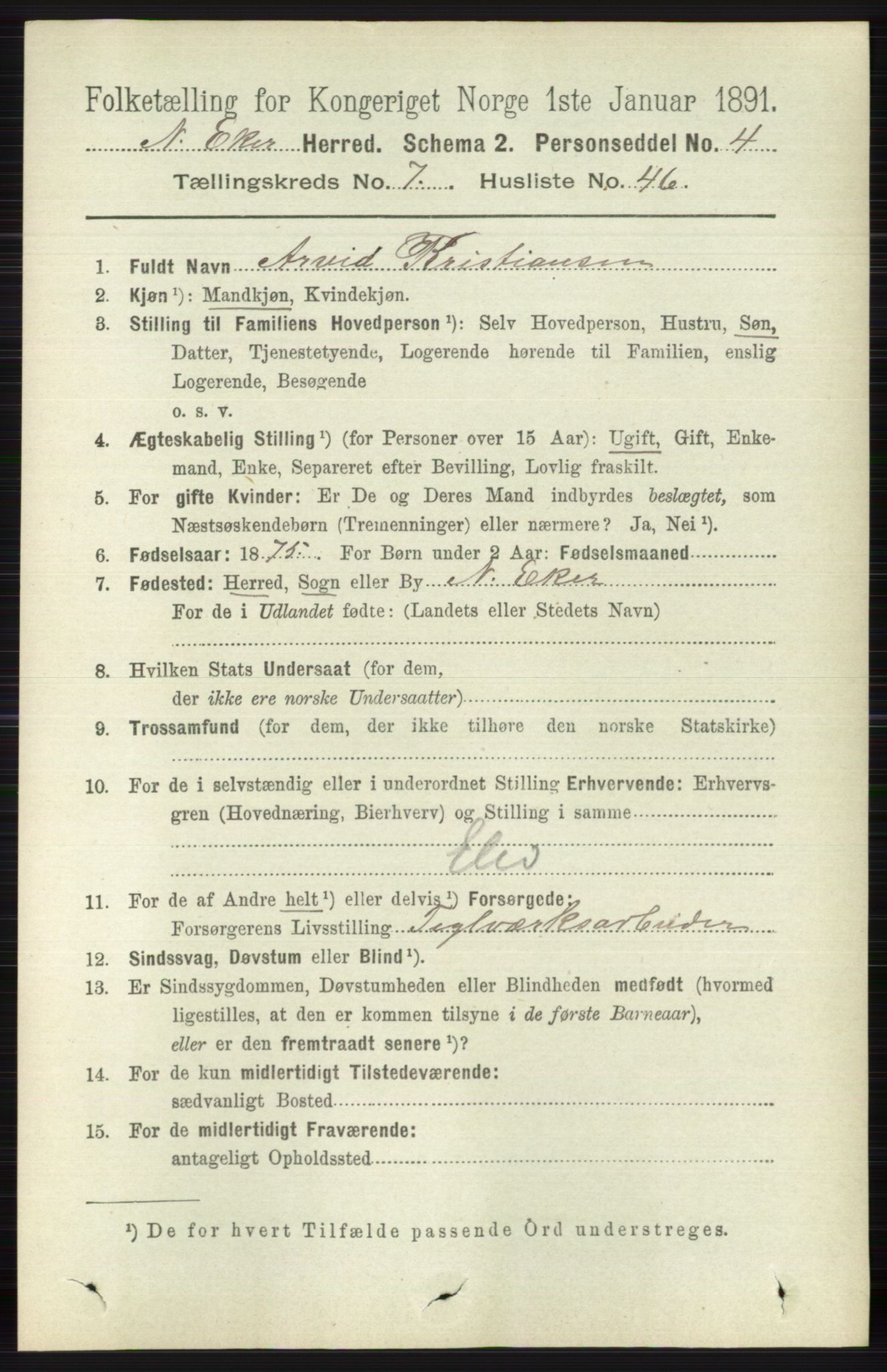 RA, 1891 census for 0625 Nedre Eiker, 1891, p. 3721