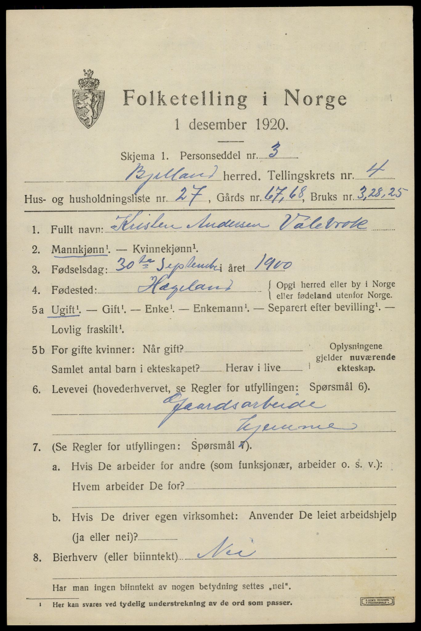 SAK, 1920 census for Bjelland, 1920, p. 1465