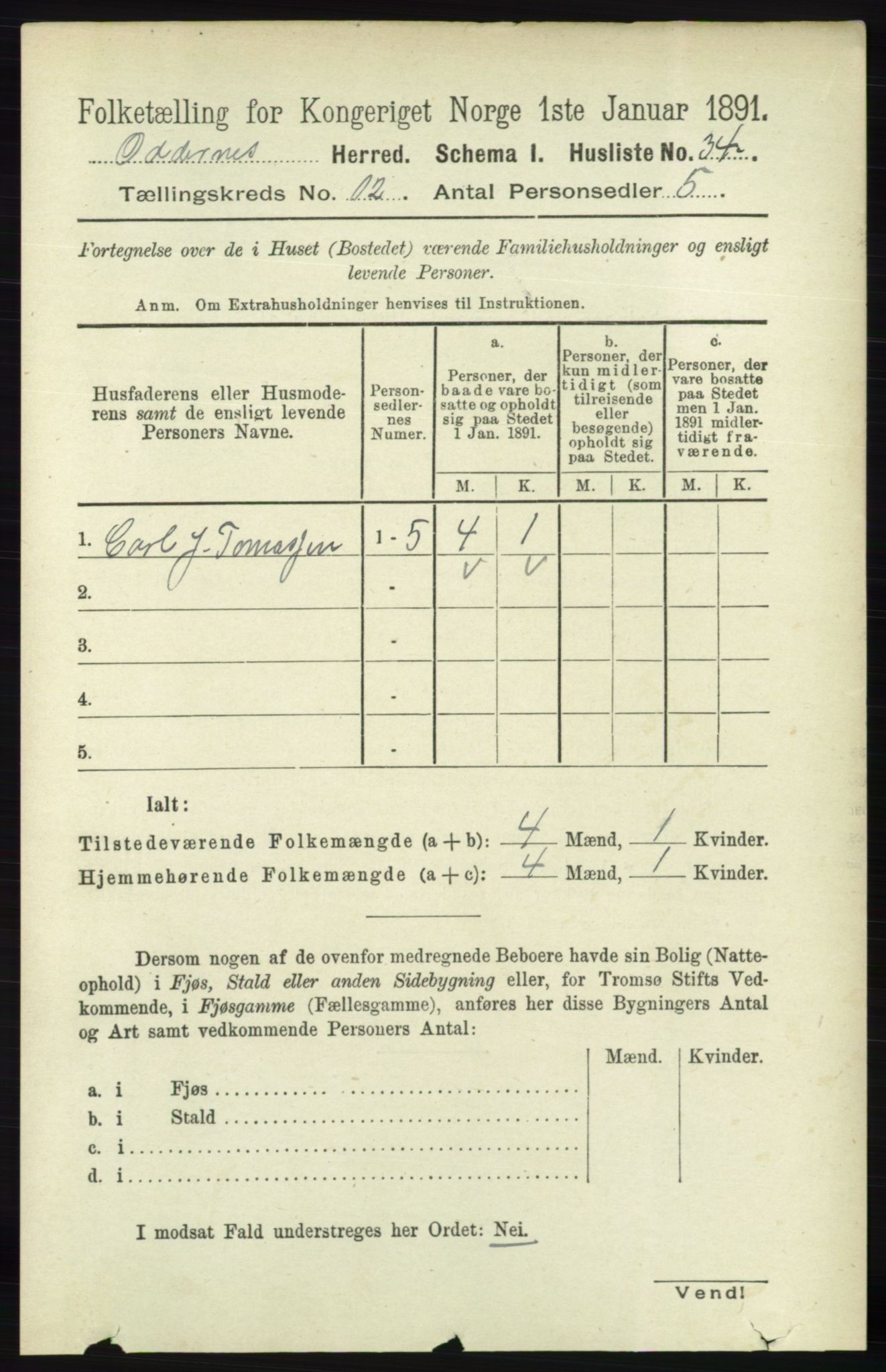 RA, 1891 census for 1012 Oddernes, 1891, p. 4344