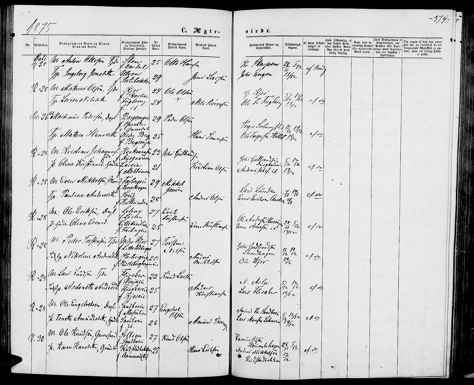 Ringsaker prestekontor, AV/SAH-PREST-014/L/La/L0008: Parish register (copy) no. 8, 1870-1878, p. 374