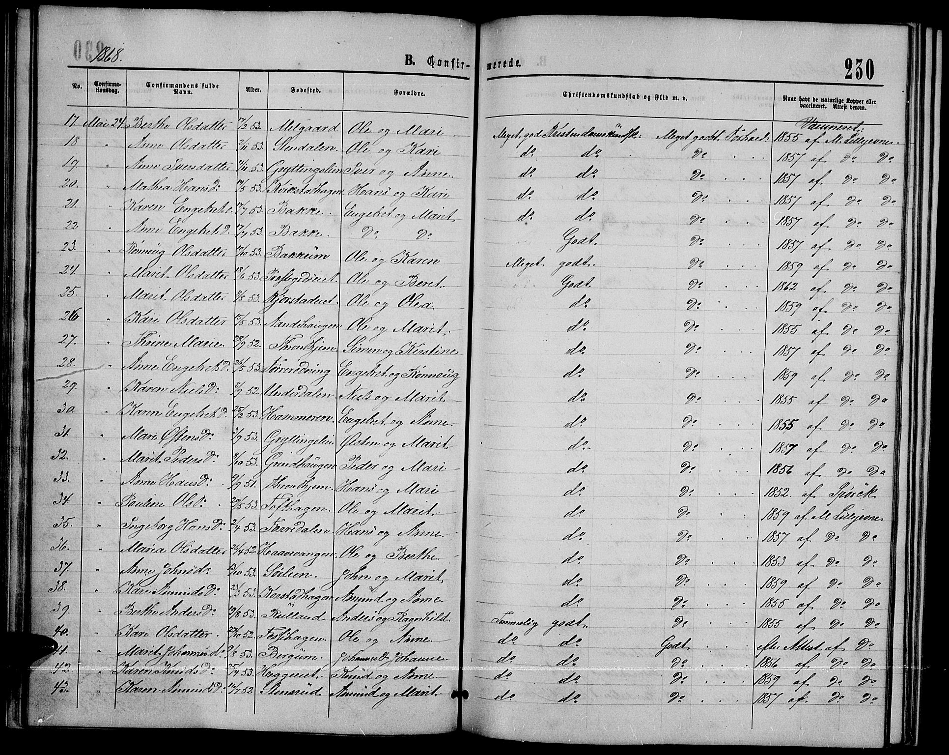 Sør-Fron prestekontor, SAH/PREST-010/H/Ha/Hab/L0002: Parish register (copy) no. 2, 1864-1883, p. 230