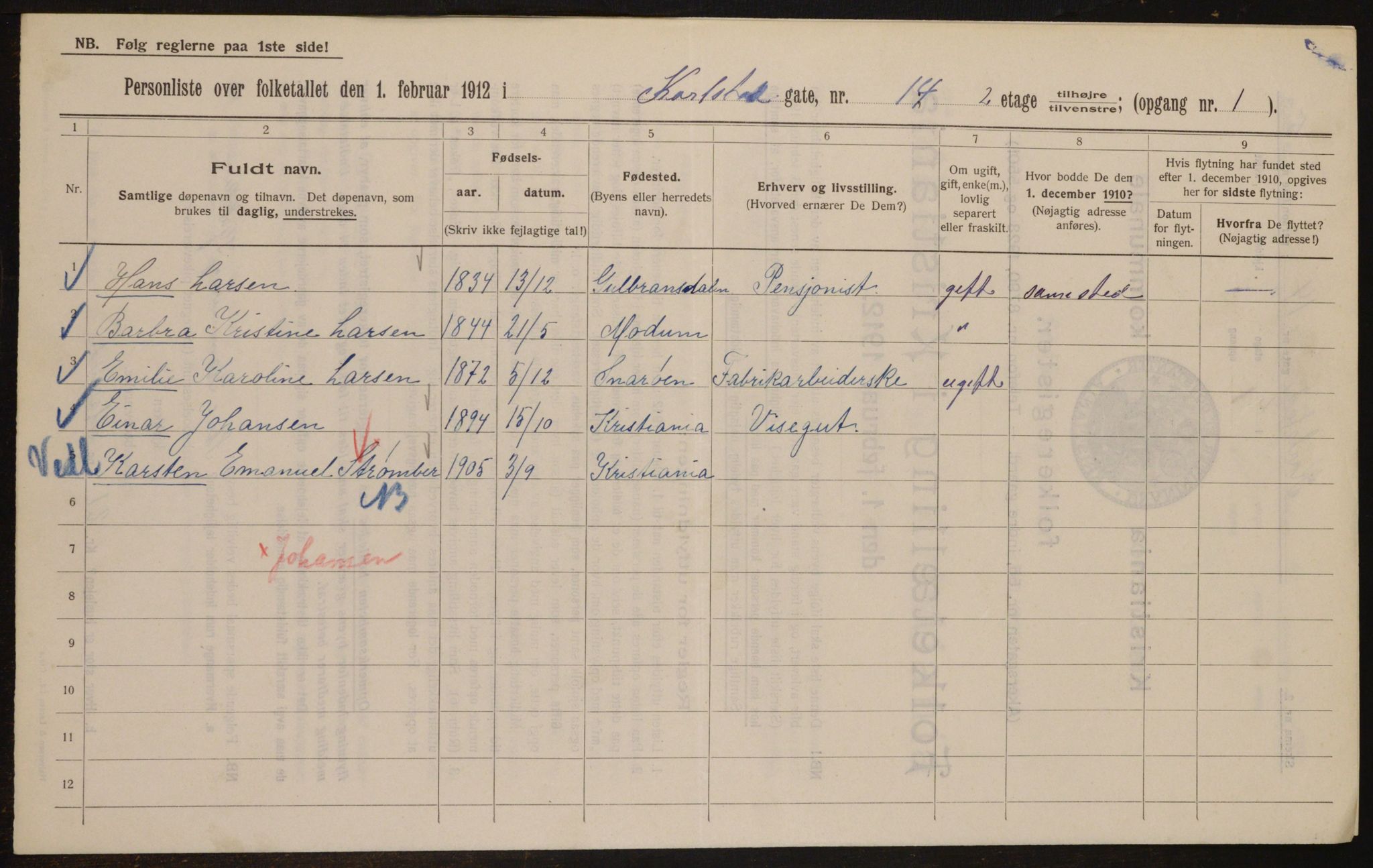 OBA, Municipal Census 1912 for Kristiania, 1912, p. 49481